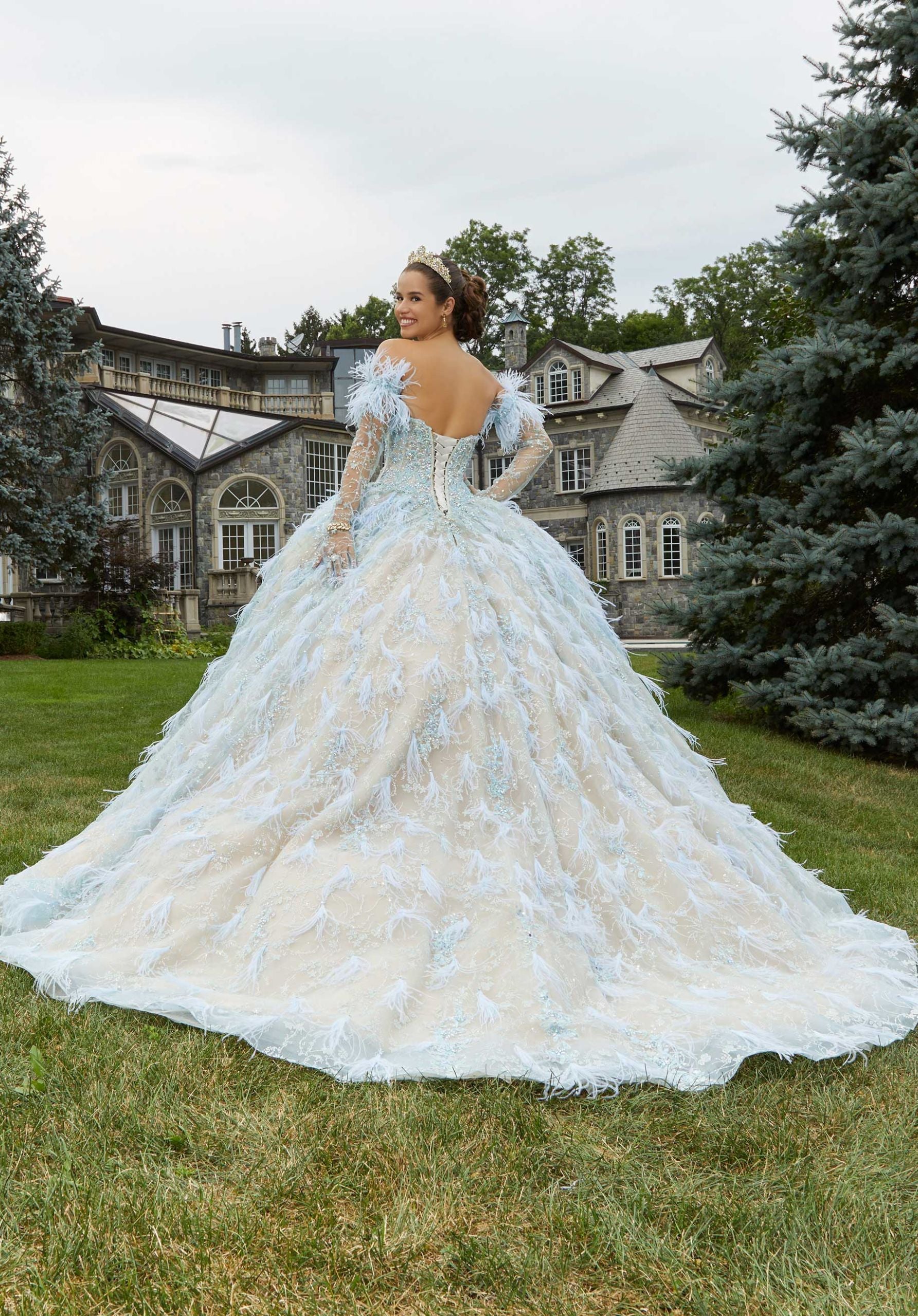 Floral Glitter and Feather Quinceañera Dress
