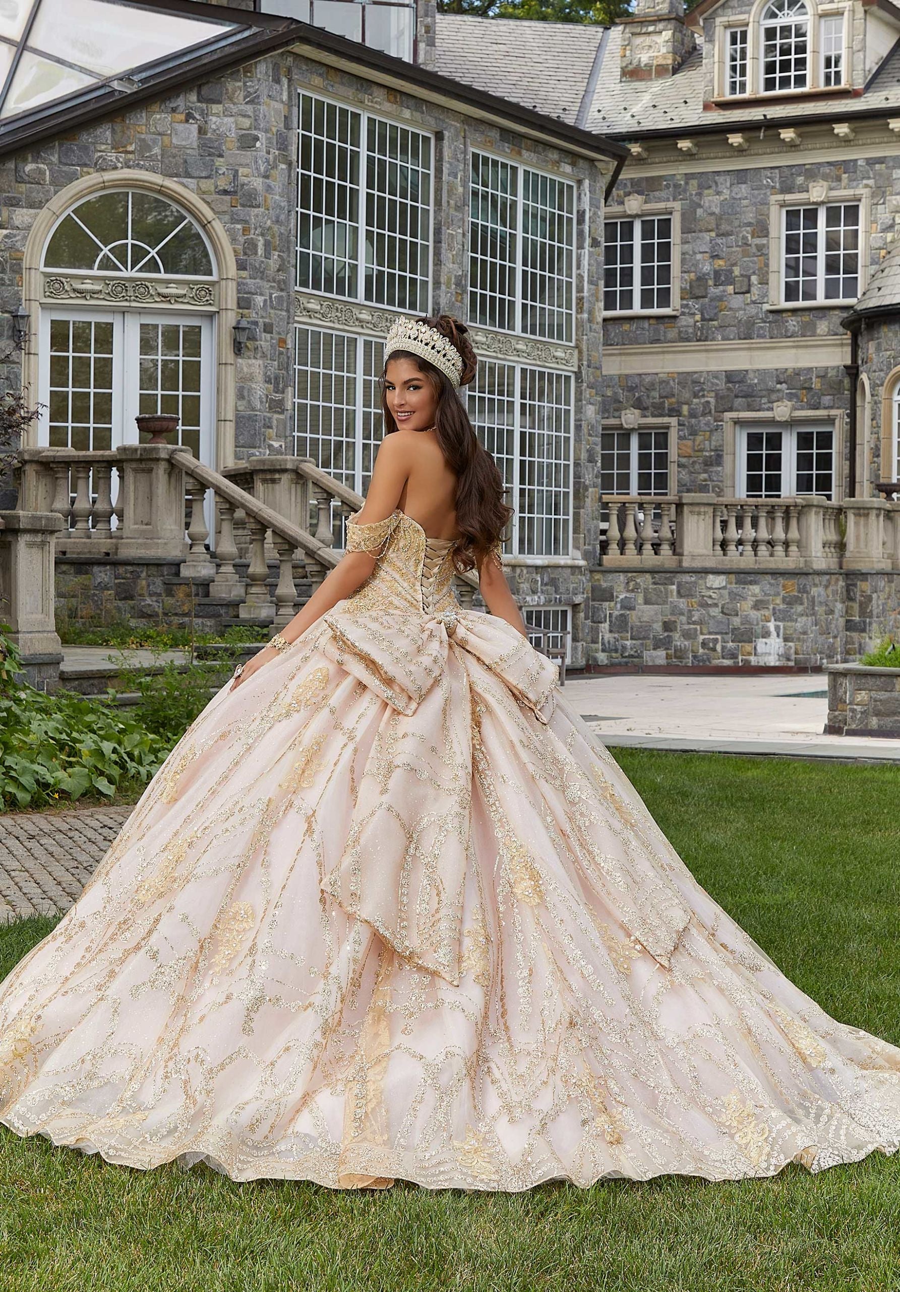 Patterned Glitter Quinceañera Dress with Chandelier Beading