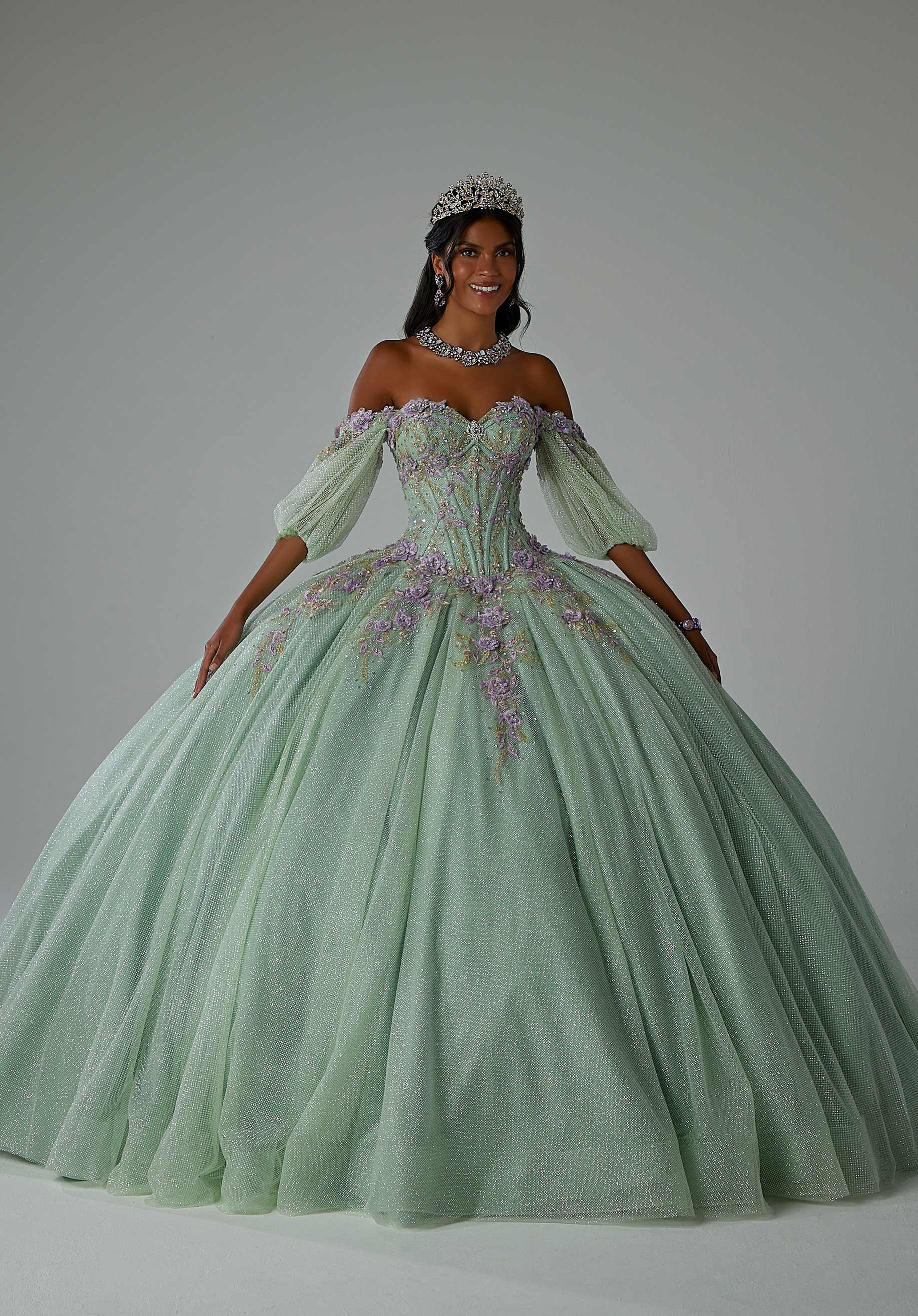 Three-Dimensional Floral Embroidered Quineañera Dress with Jewel Beading