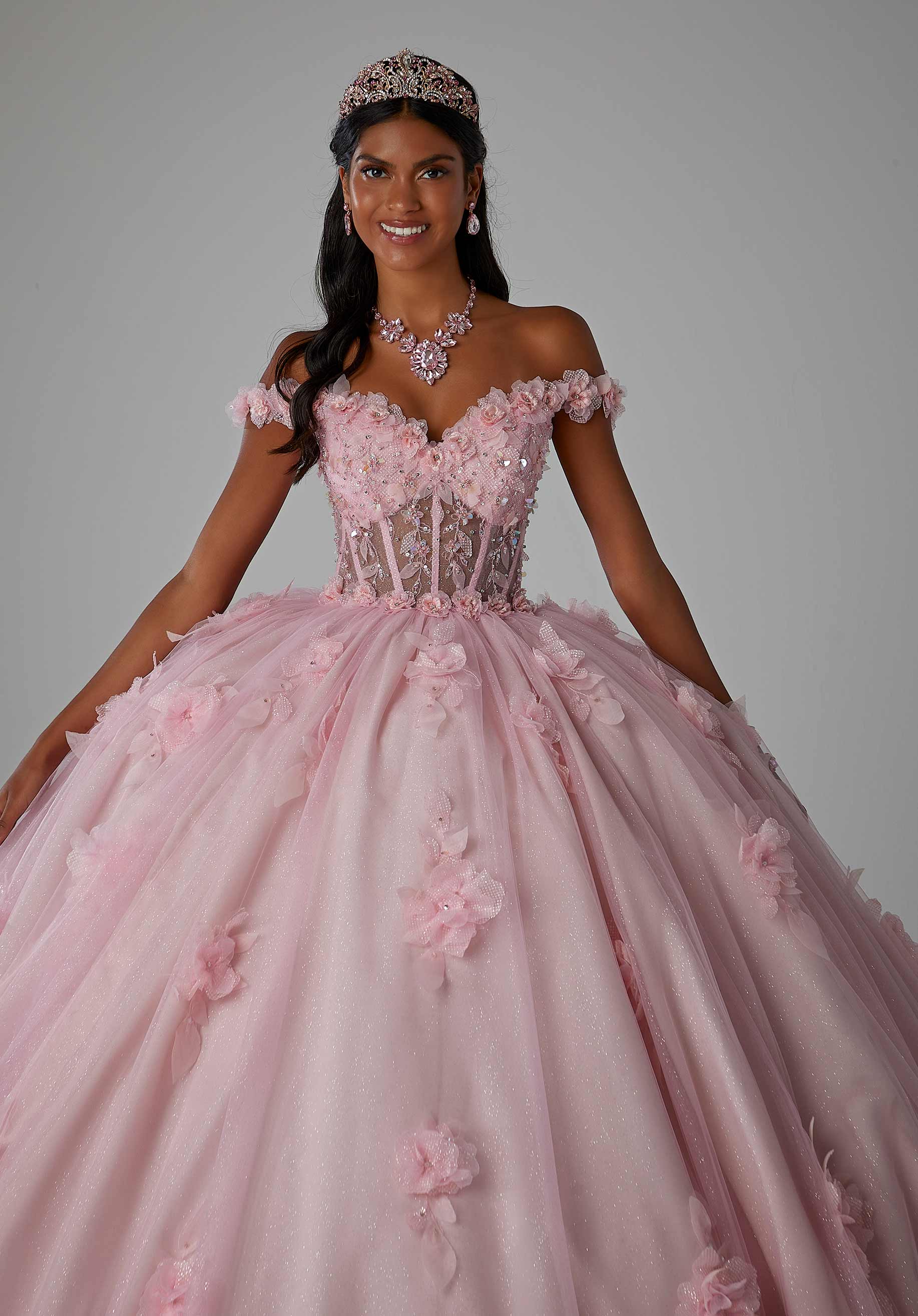 Crystal Beaded Three-Dimensional Embroidered Quinceañera Dress with Sheer Bodice