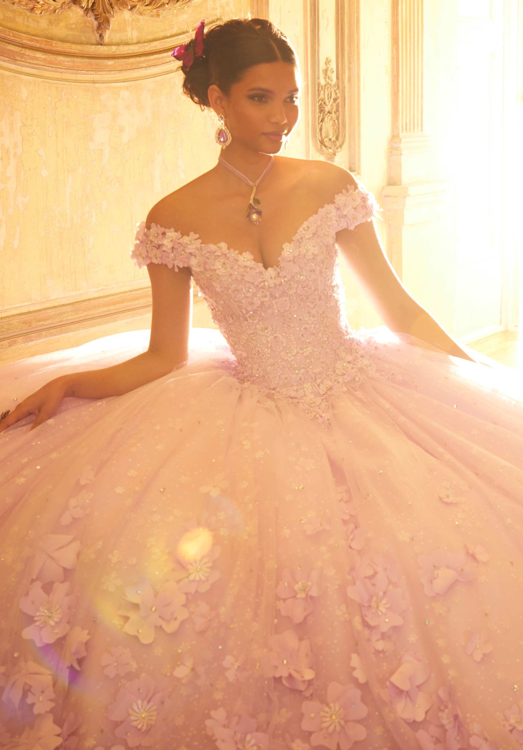 Floral Patterned Glitter Quinceañera Dress