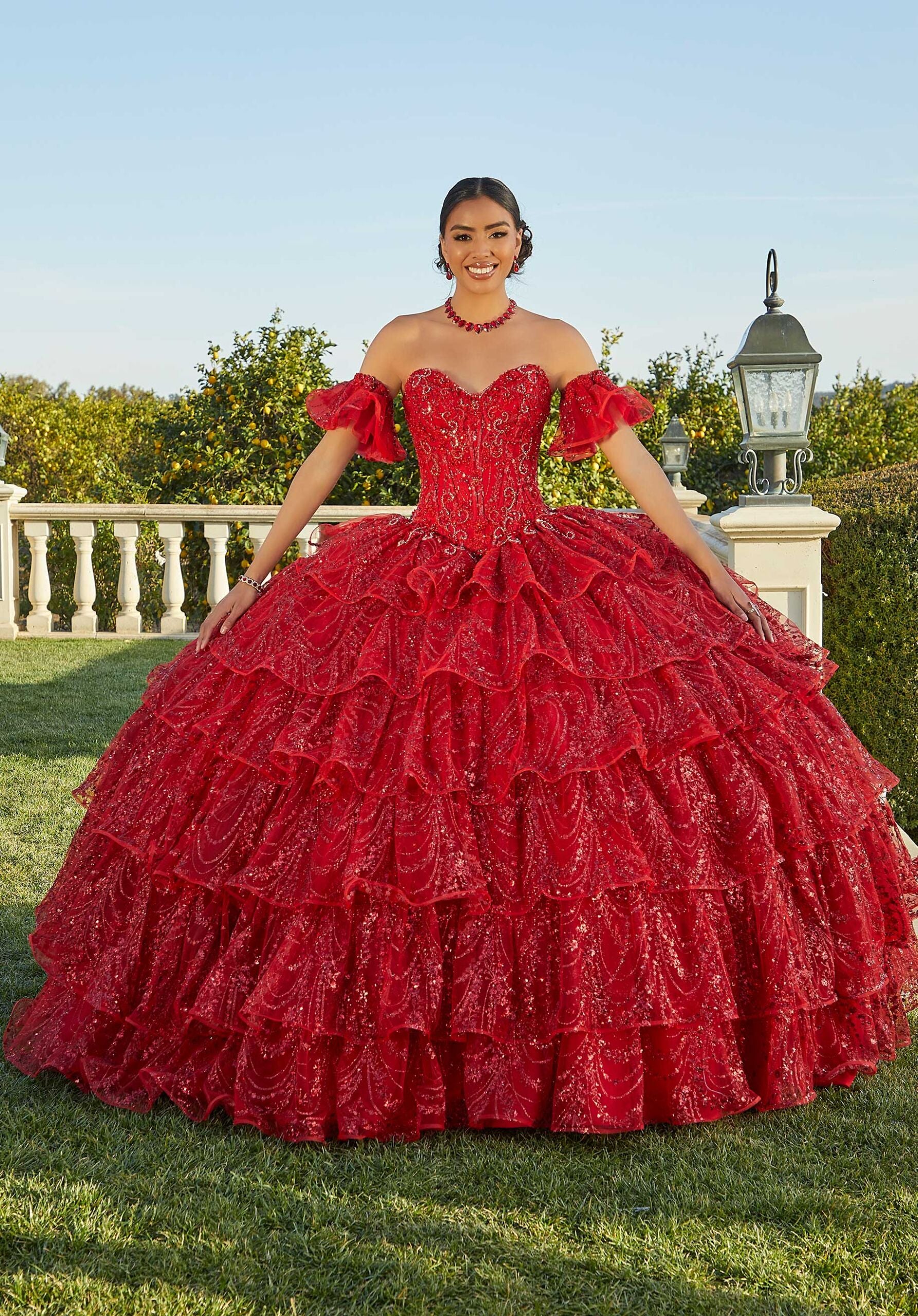 Jeweled and Embroidered Tiered Quinceañera Dress