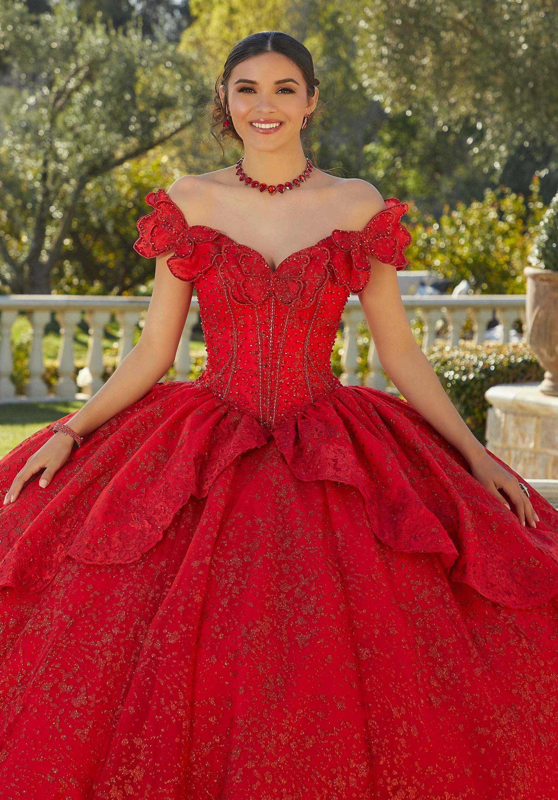 Crystal Beaded Quinceañera Dress with Butterfly Neckline