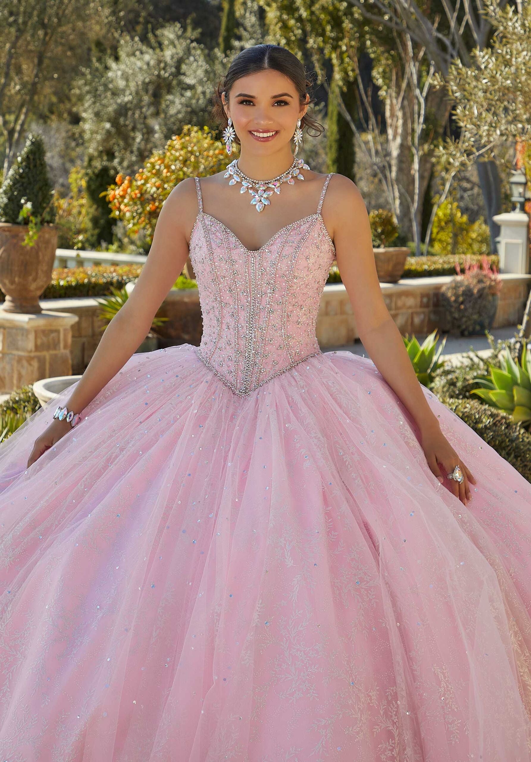 Patterned Glitter Quinceañera Dress with Bow