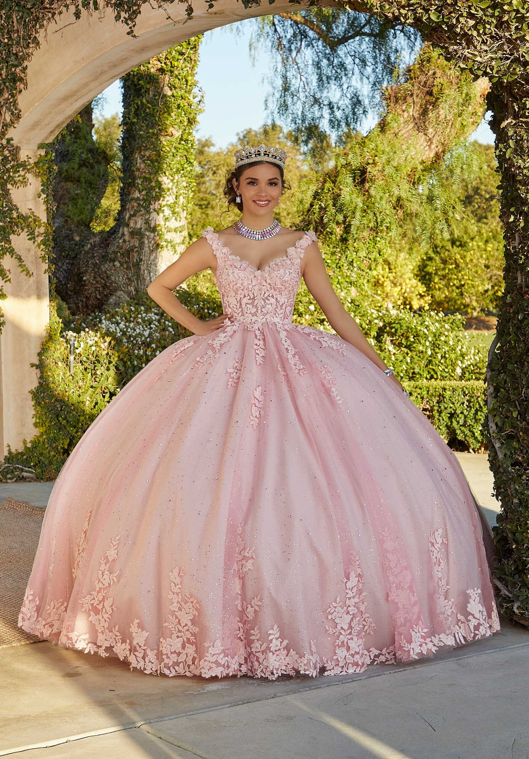 Floral Lace Quinceañera Dress with Crystal Beading