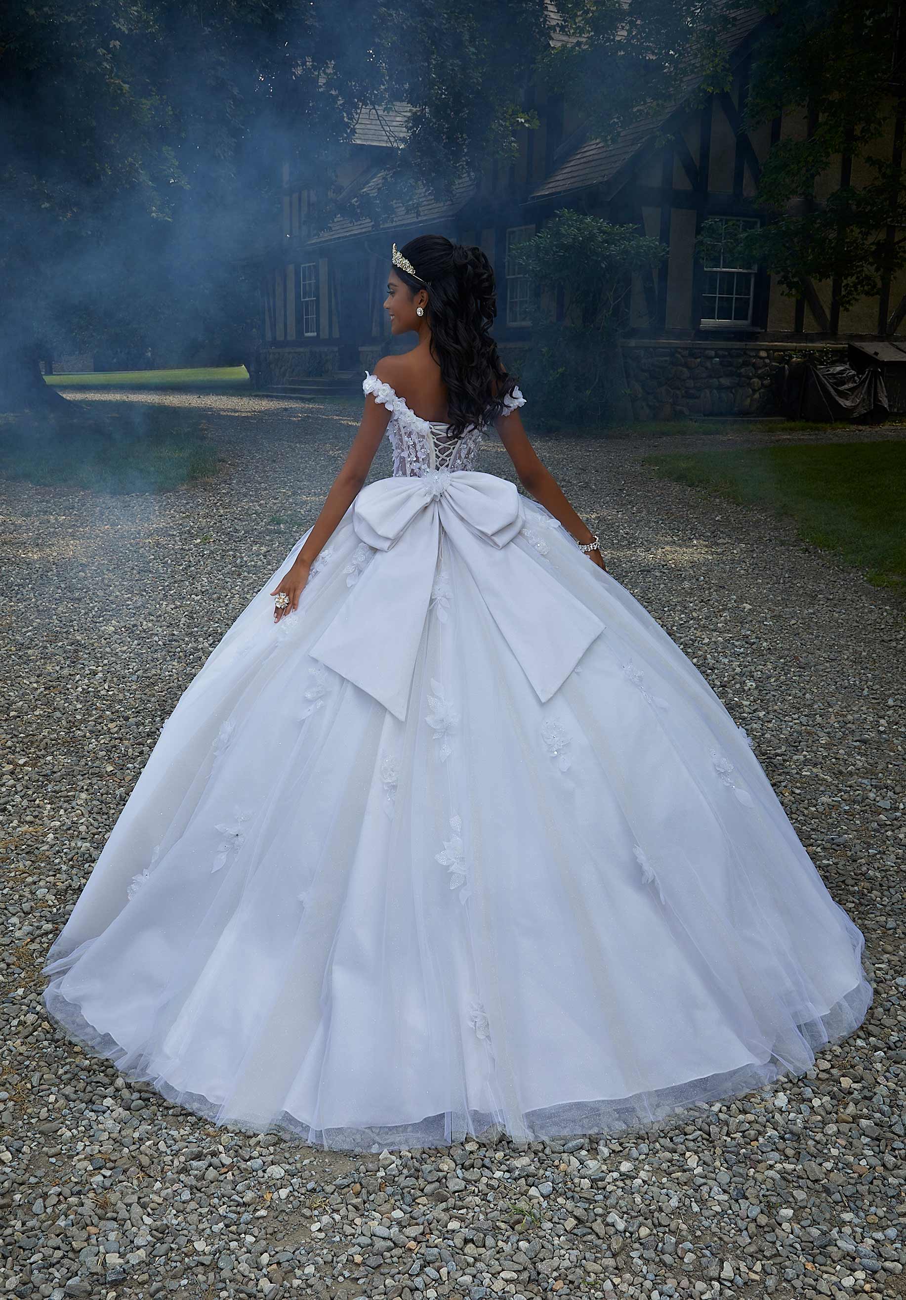 Crystal Beaded Three-Dimensional Embroidered Quinceañera Dress with Sheer Bodice