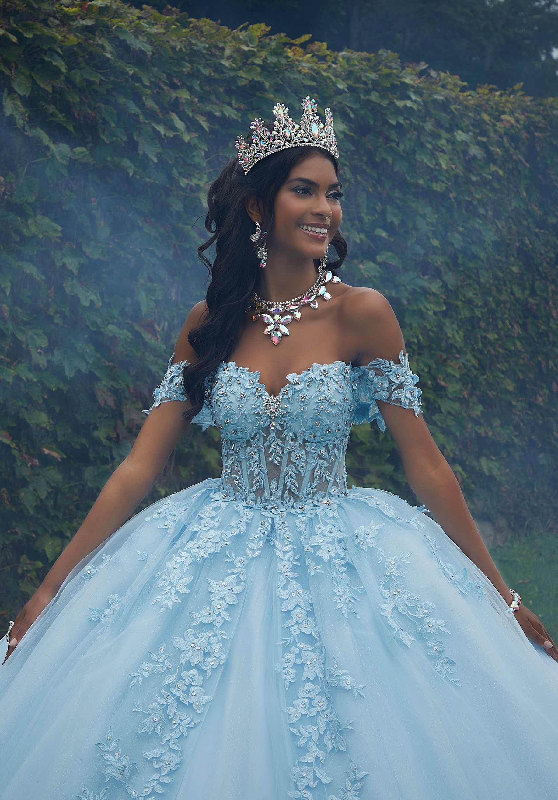 Crystal Beaded Lace Sheer Bodice Quinceañera Dress