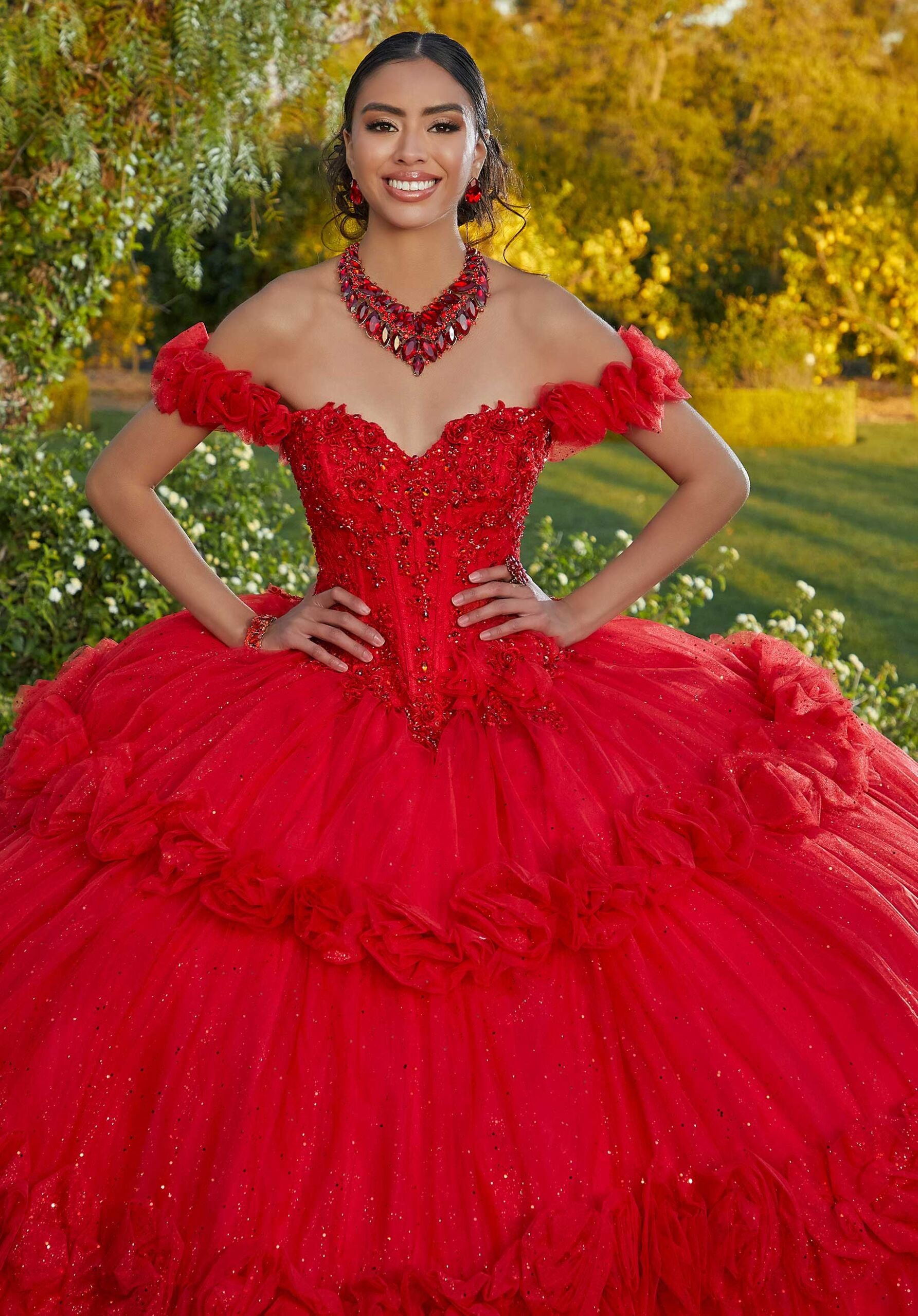 Floral Embroidered Lace and Tulle Quinceañera Dress