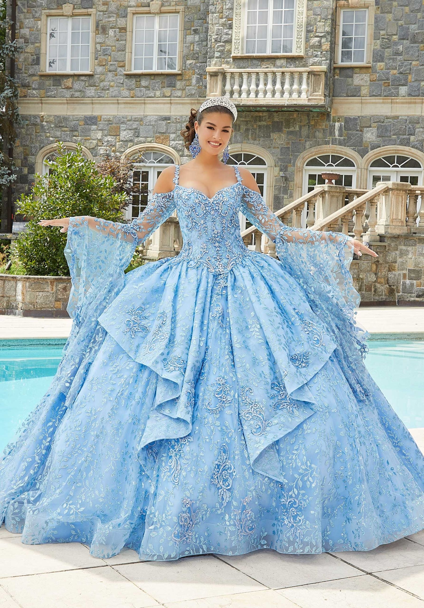Rhinestone and Crystal Beaded Patterned Glitter Quinceañera Dress