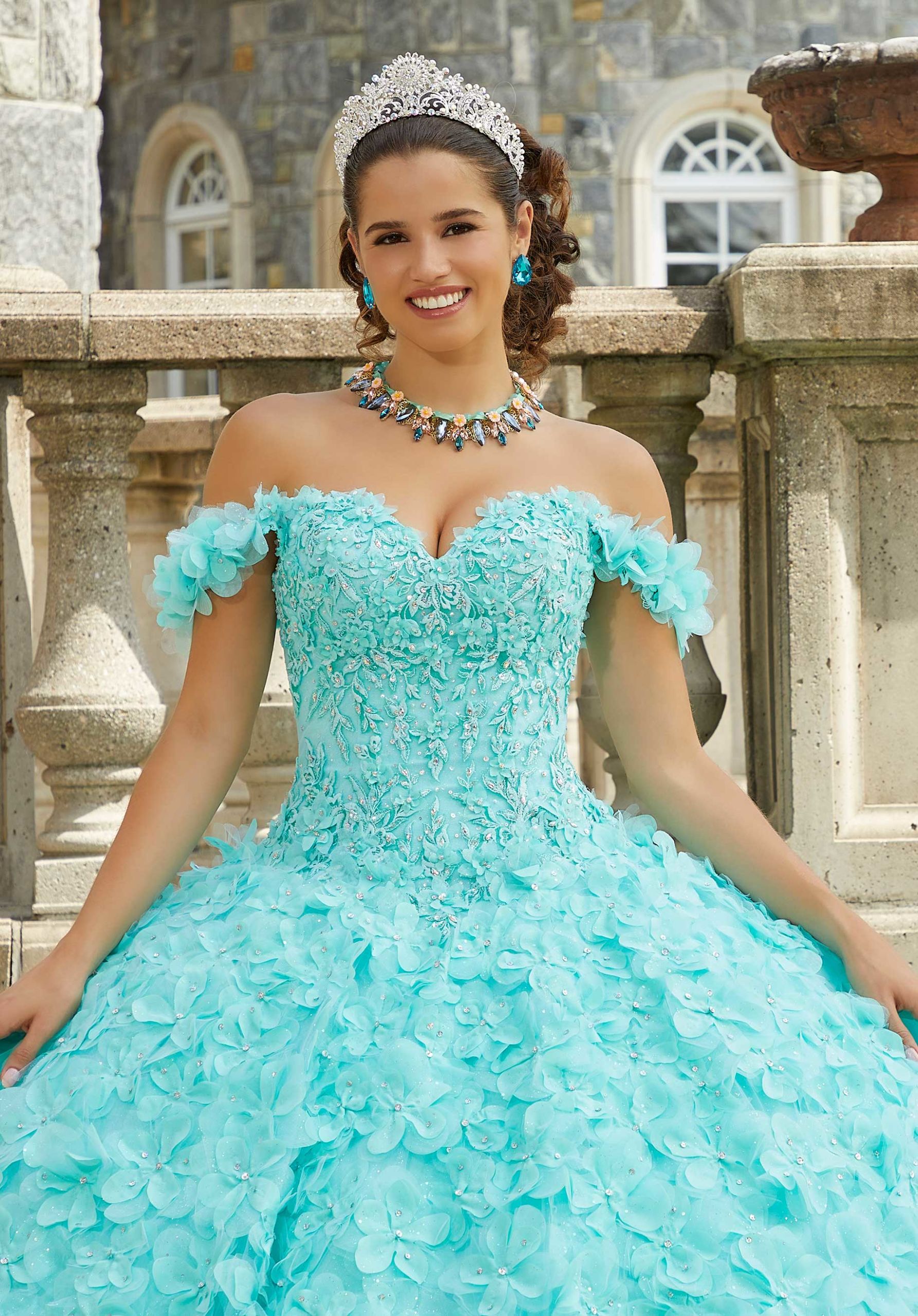 Crystal Beaded Lace Quinceañera Dress with Floral Skirt