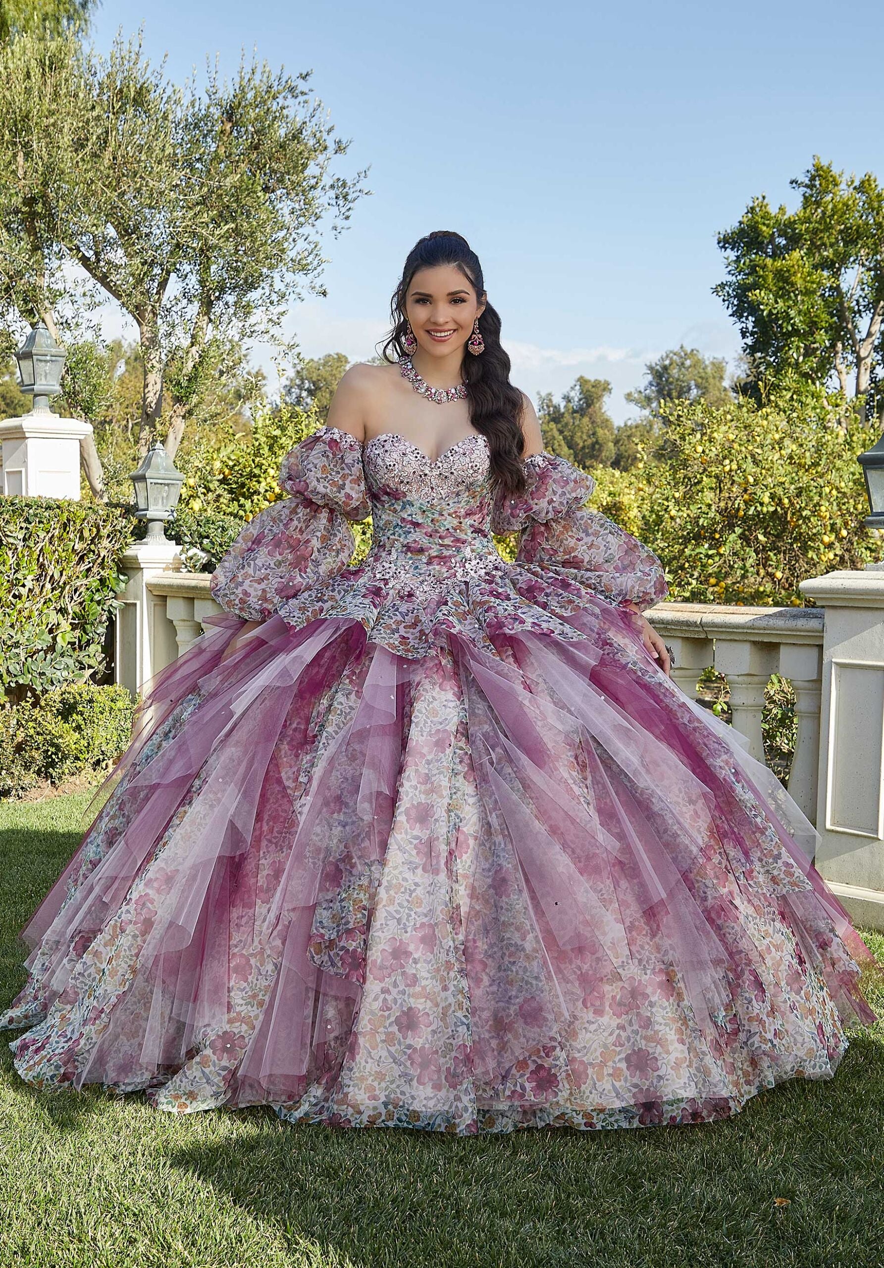 Floral Printed Tulle Quinceañera Dress