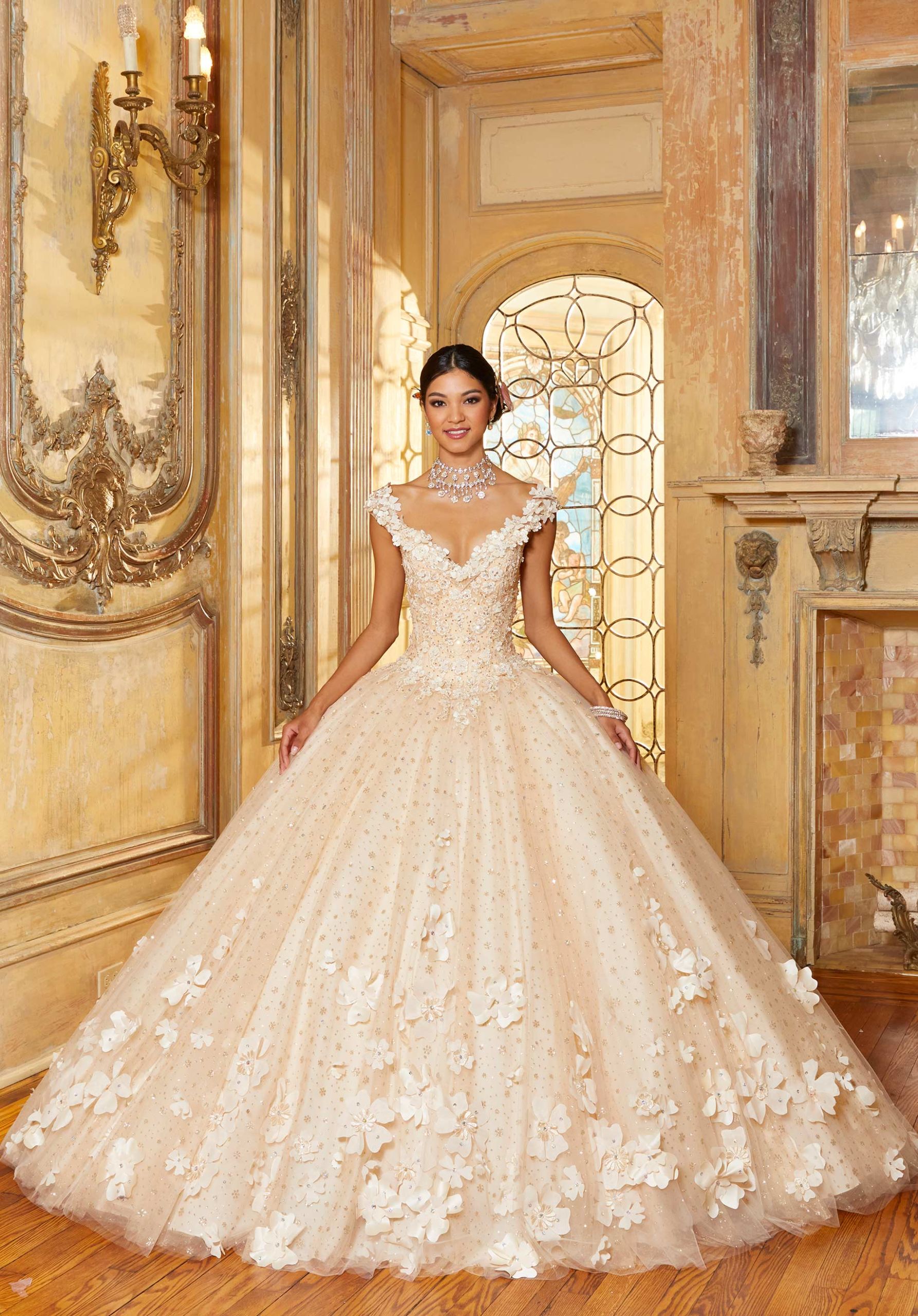 Floral Patterned Glitter Quinceañera Dress
