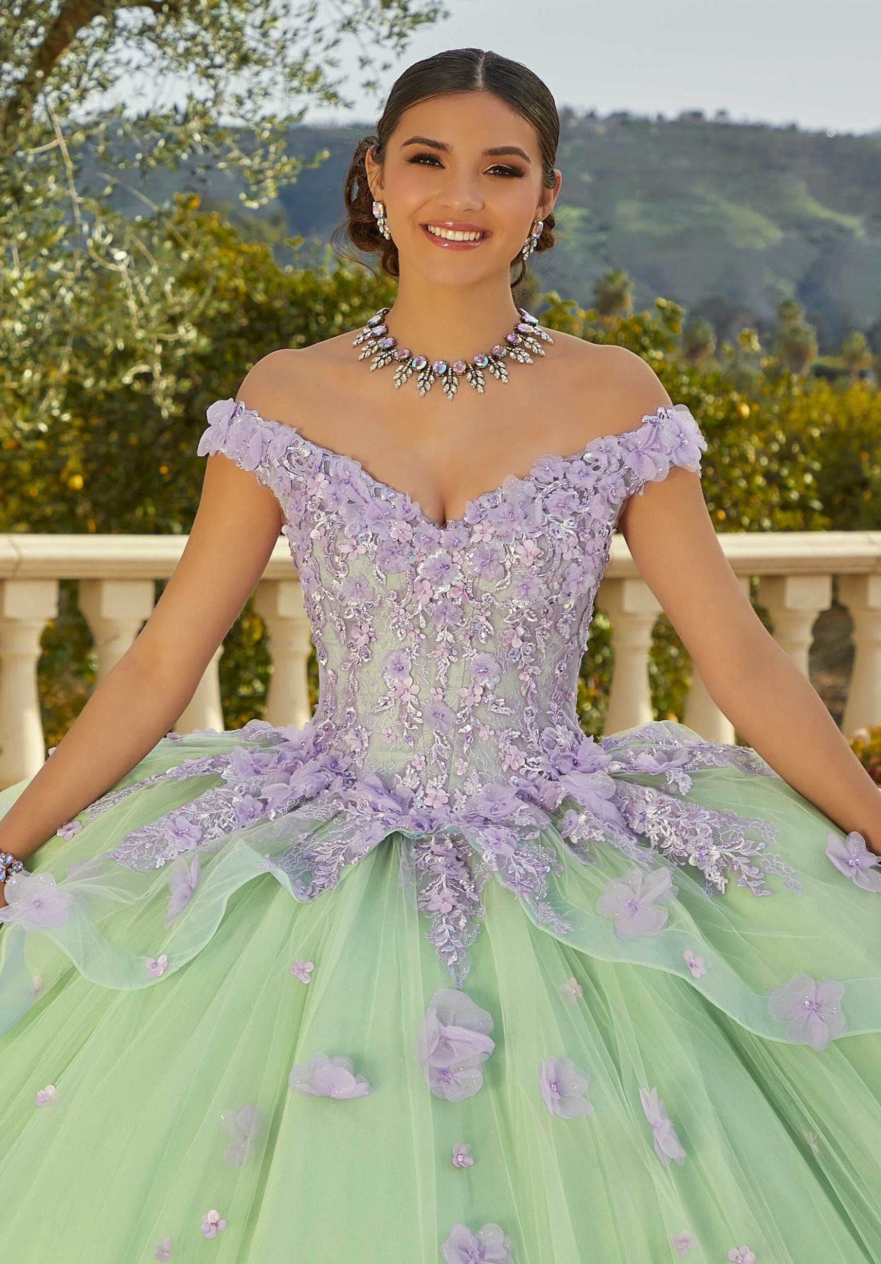 Contrasting Floral Applique Quinceañera Dress