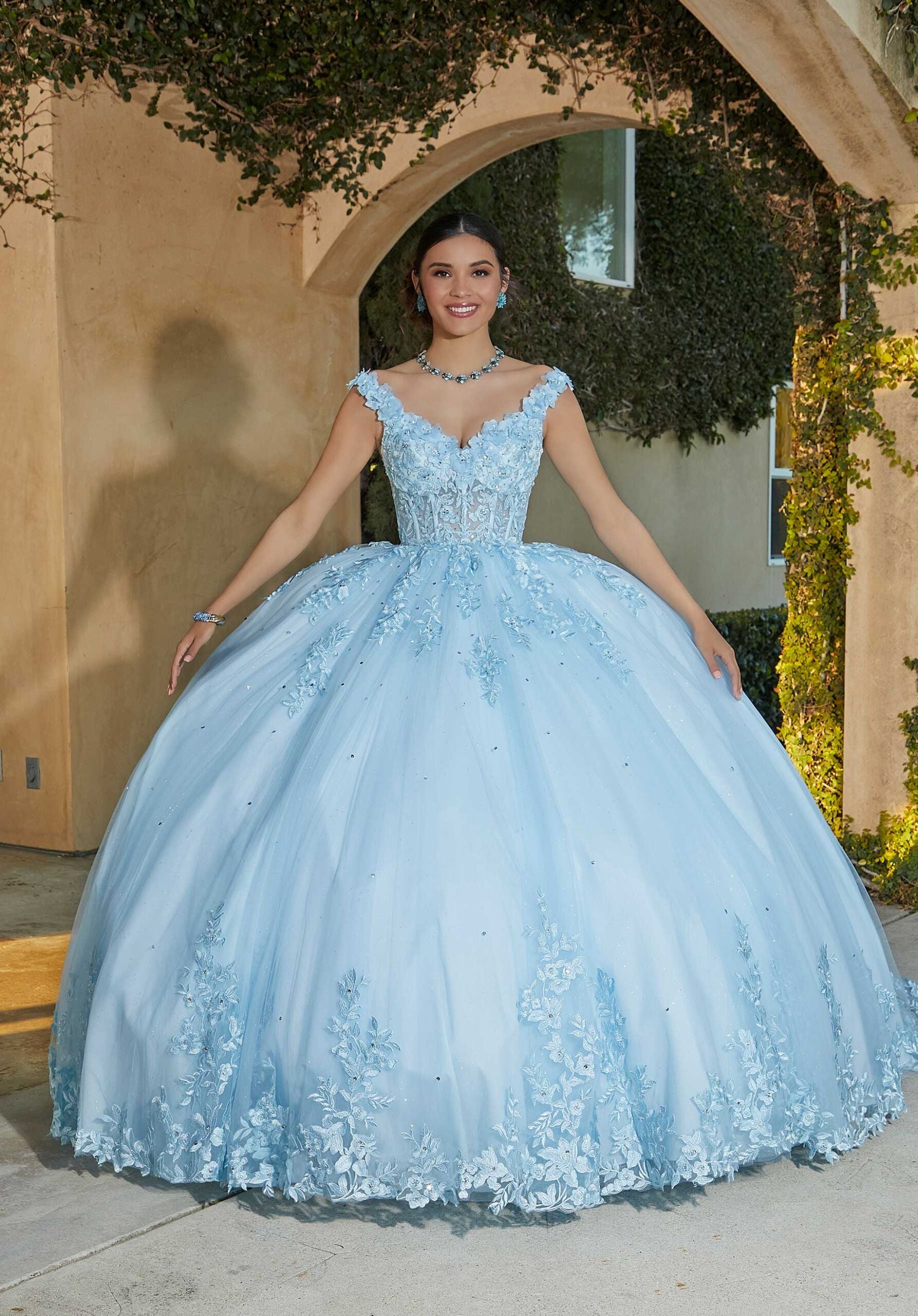 Floral Lace Quinceañera Dress with Crystal Beading