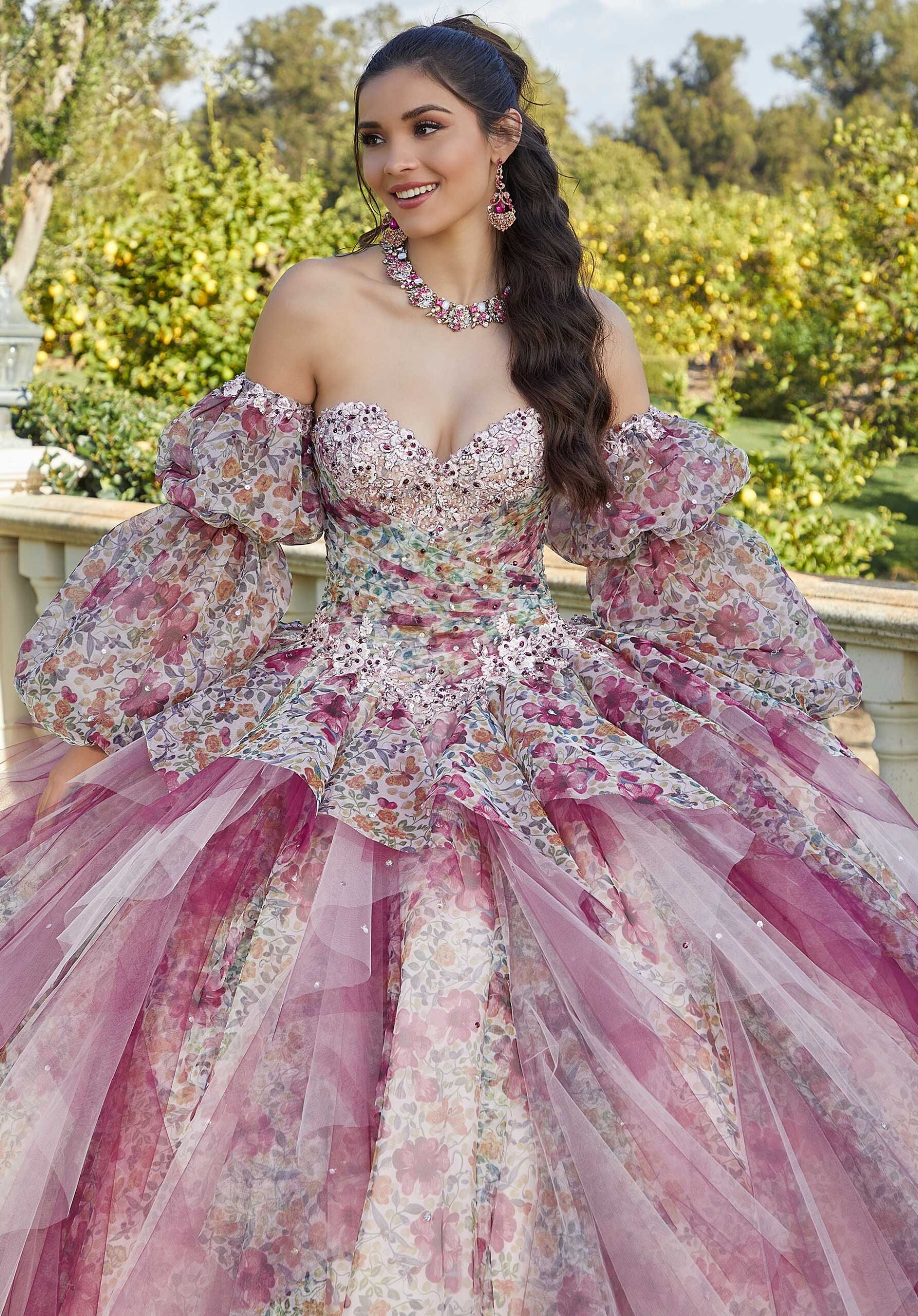 Floral Printed Tulle Quinceañera Dress