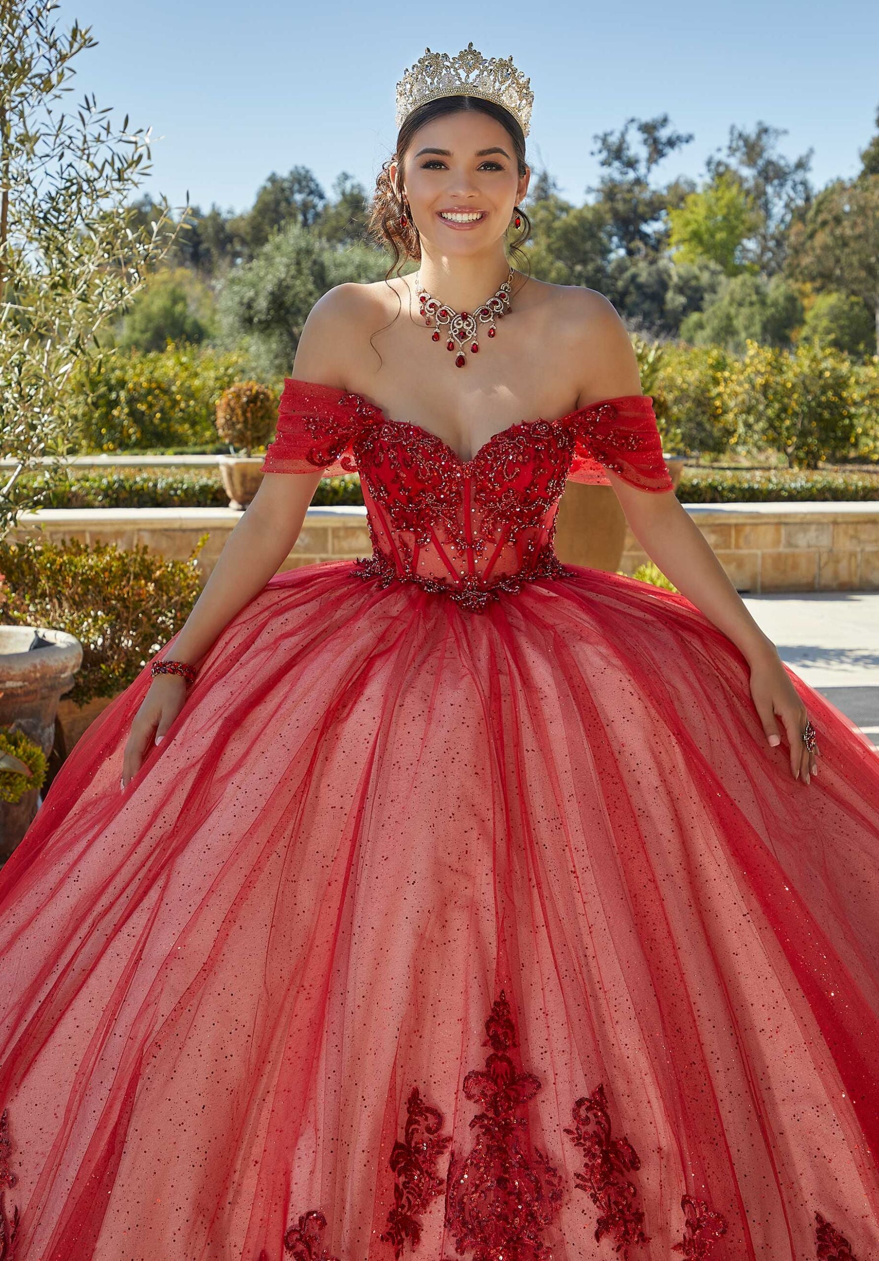 Rhinestone and Crystal Beaded Quinceañera Dress with Sheer Bodice