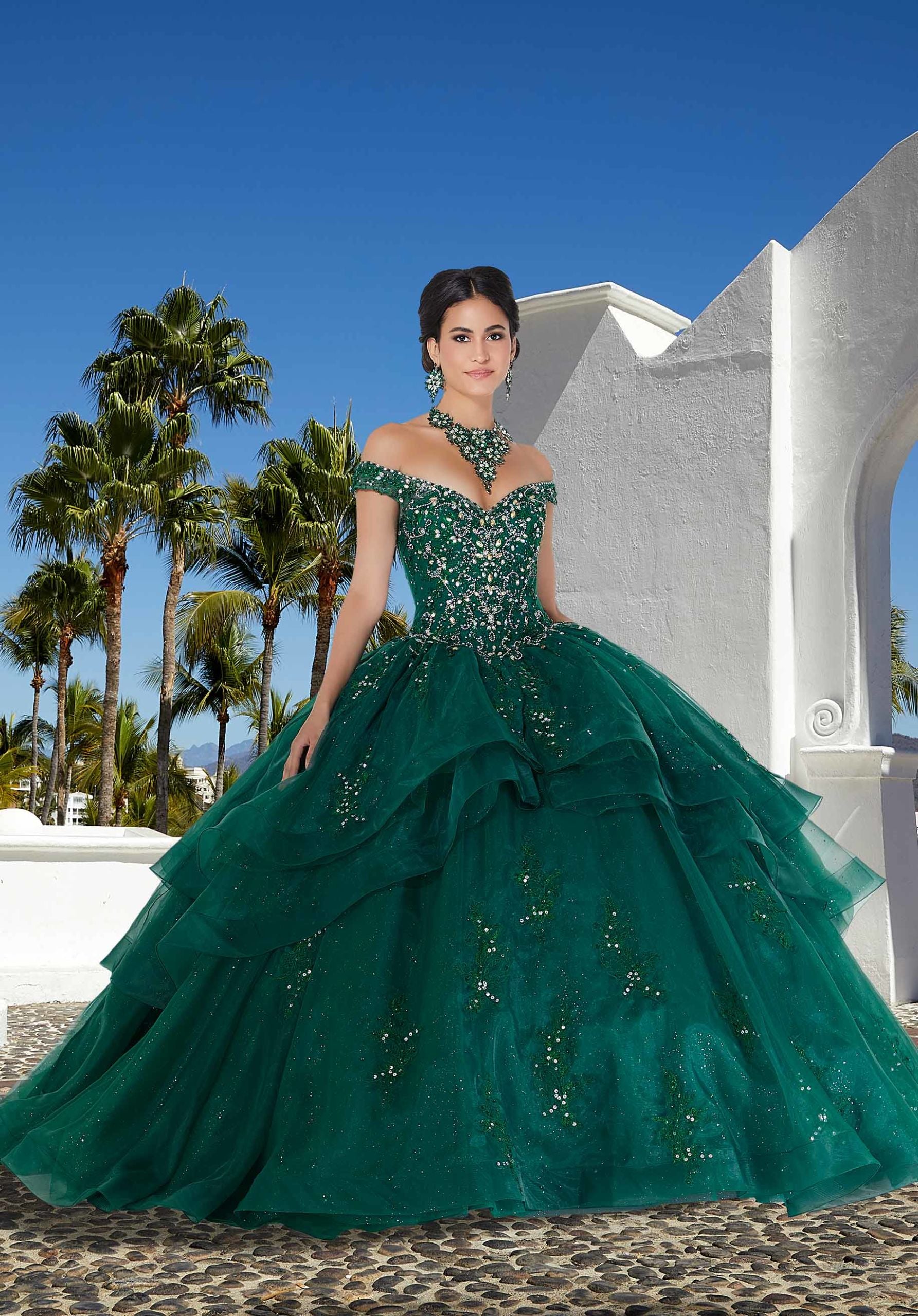 Organza Quinceañera Dress with Rhinestone and Crystal Beaded Embroidery