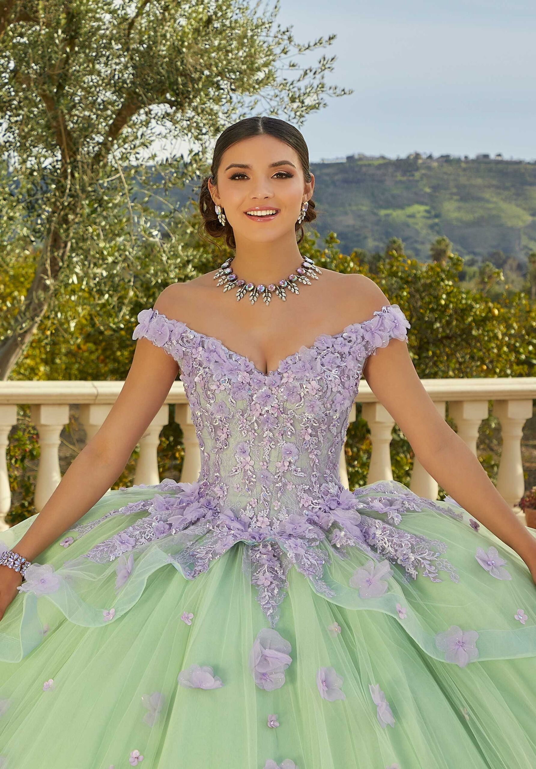 Contrasting Floral Applique Quinceañera Dress