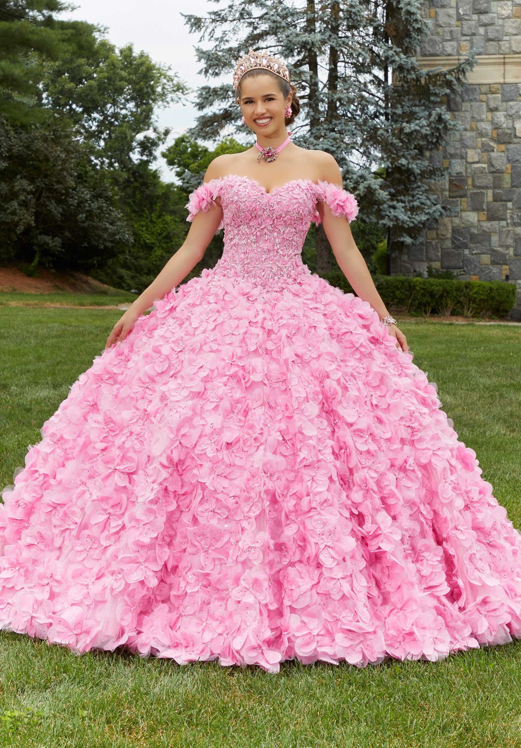Crystal Beaded Lace Quinceañera Dress with Floral Skirt