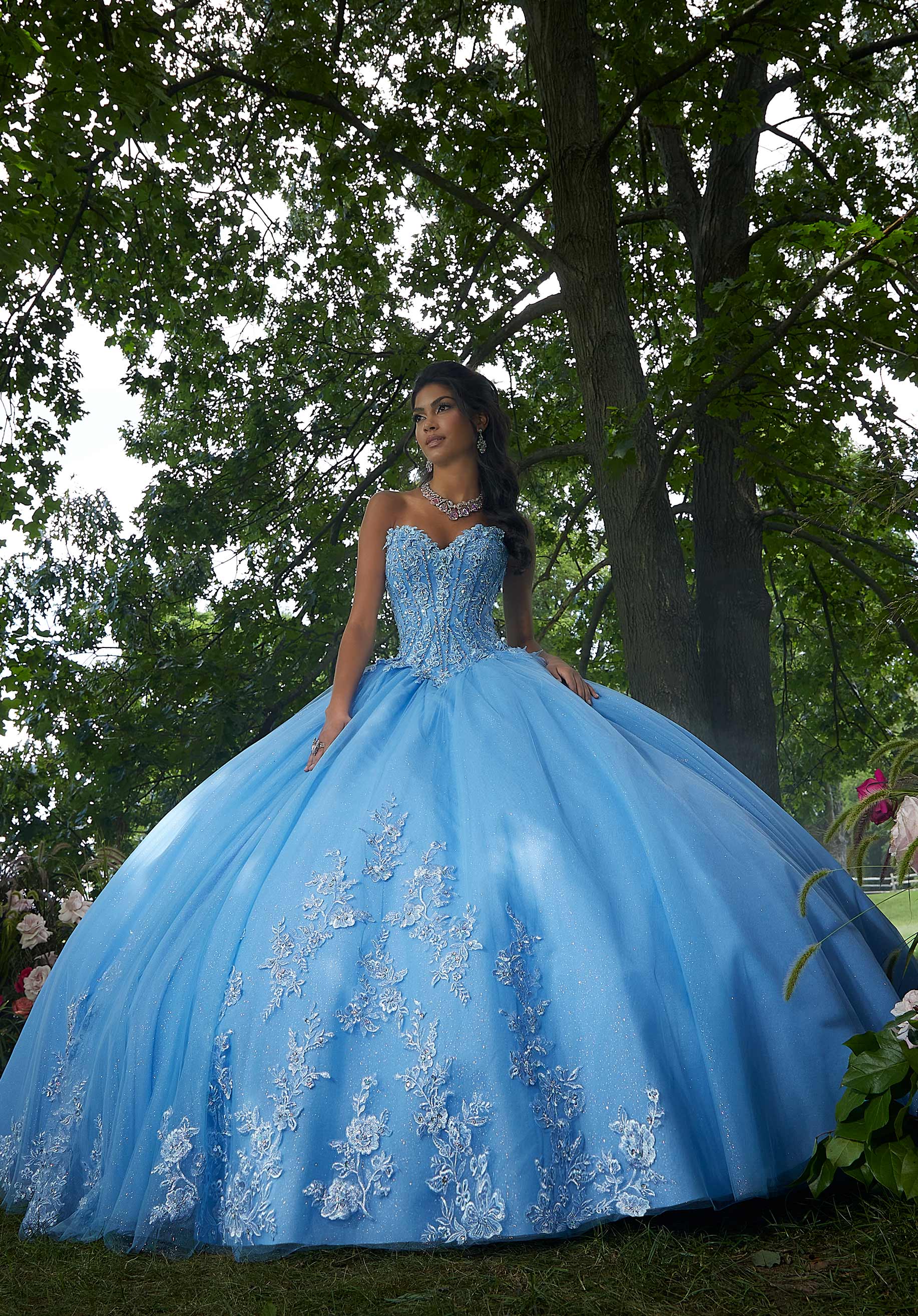 Floral Embroidered Corset Bodice Quinceañera Dress