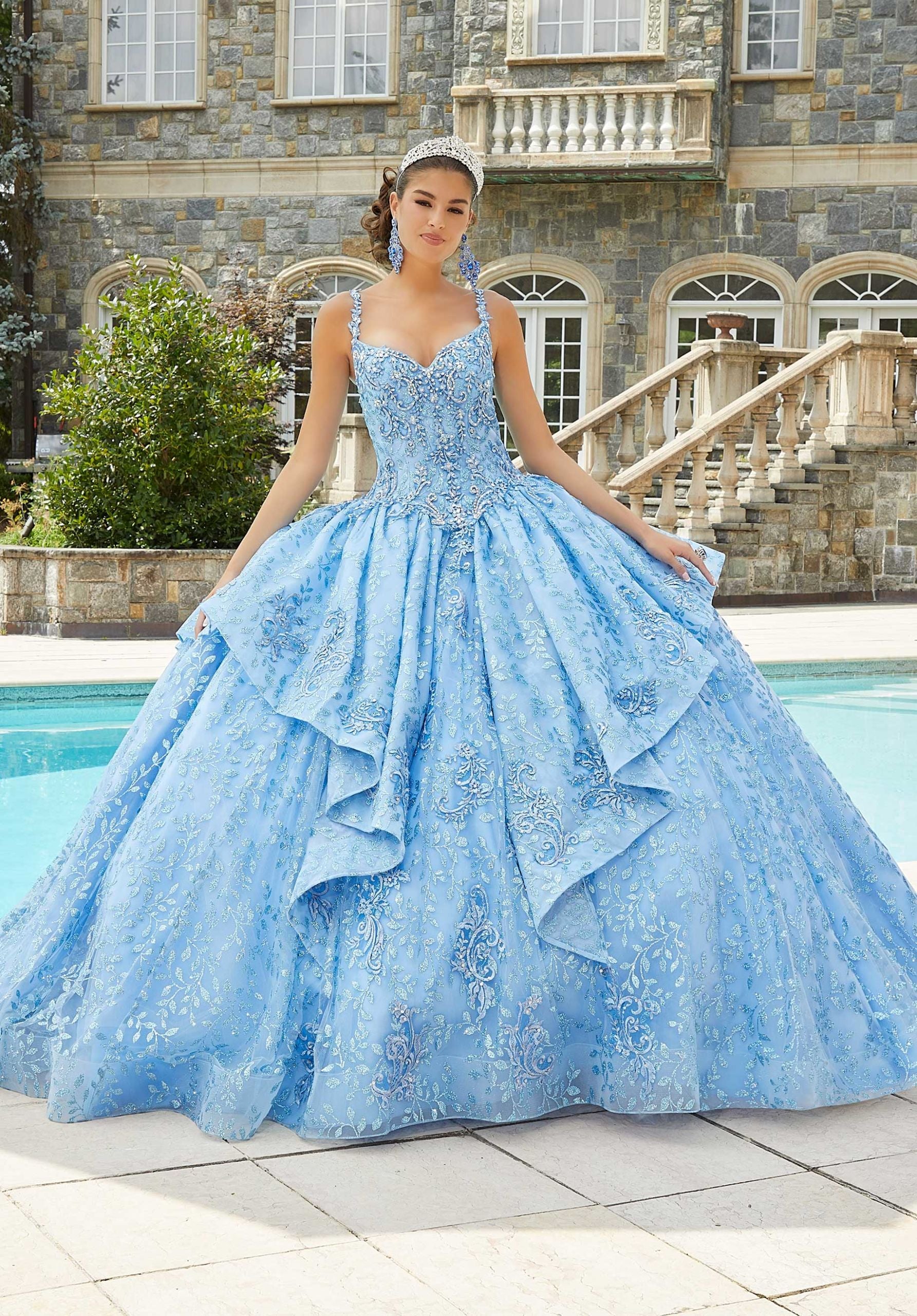 Rhinestone and Crystal Beaded Patterned Glitter Quinceañera Dress