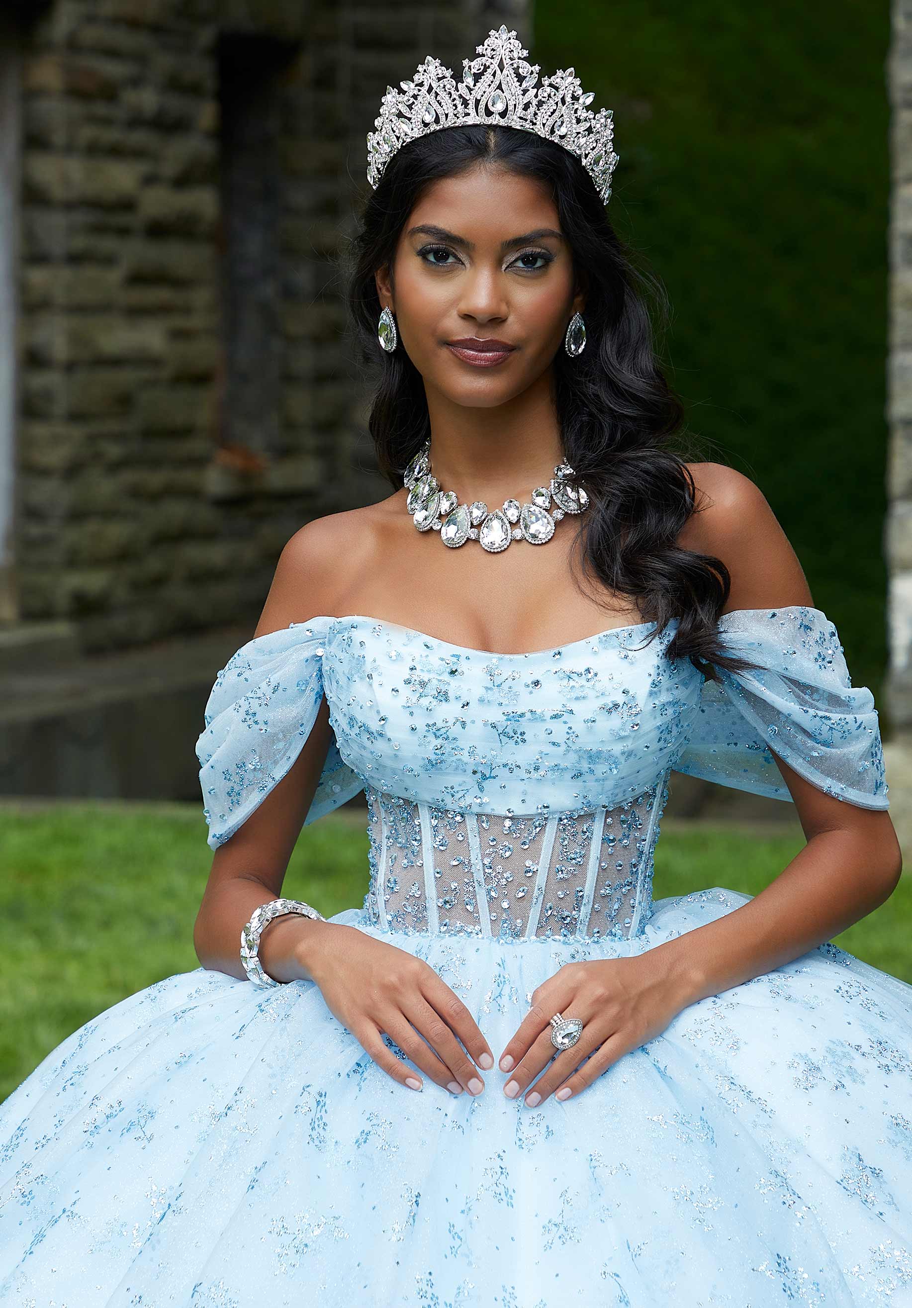 Patterned Glitter and Crystal Beaded Quinceañera Dress with Sheer Bodice