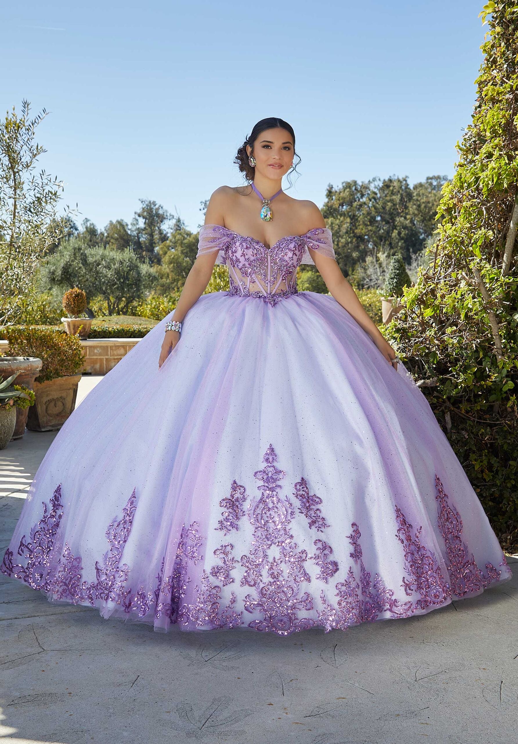 Rhinestone and Crystal Beaded Quinceañera Dress with Sheer Bodice