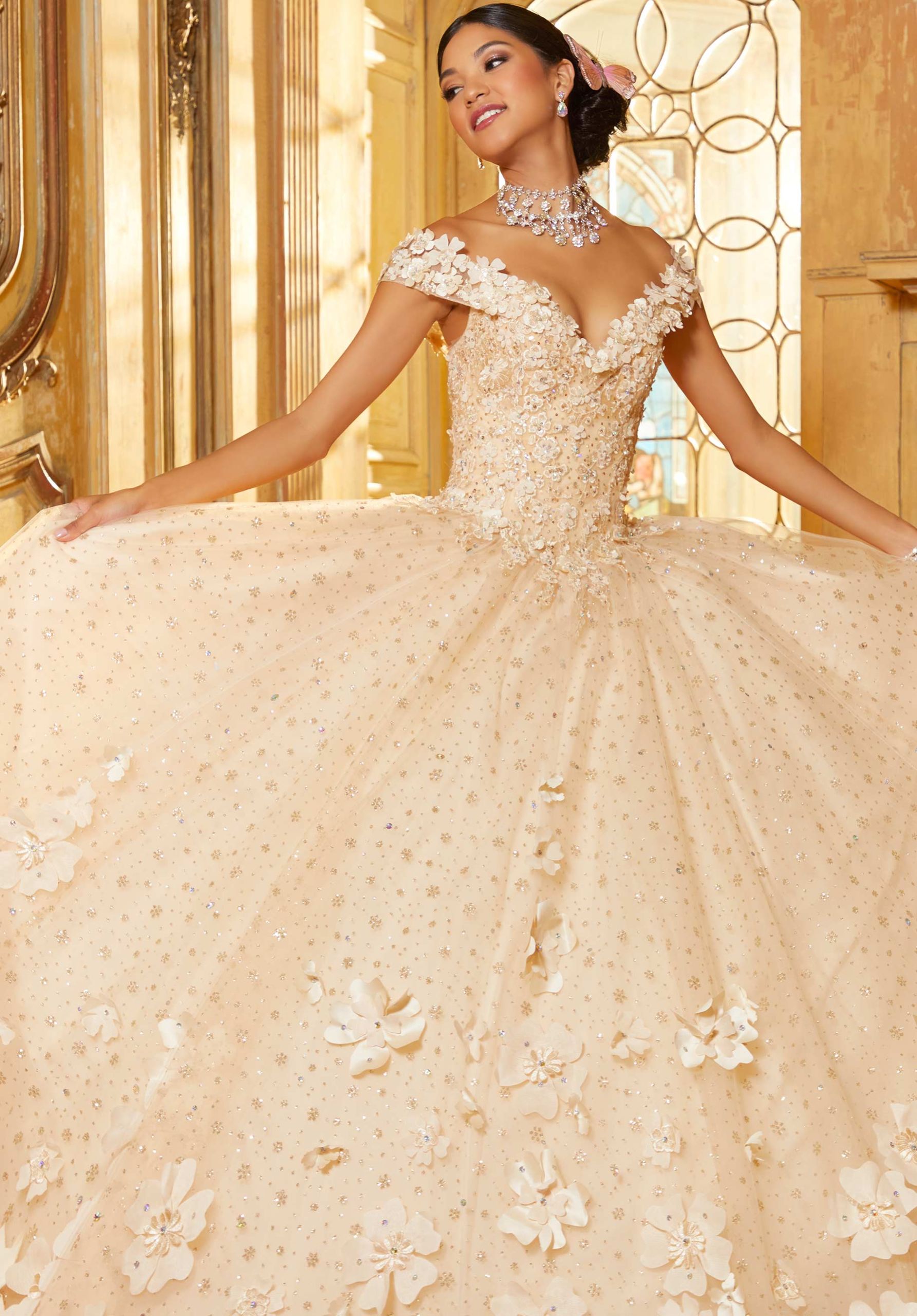 Floral Patterned Glitter Quinceañera Dress