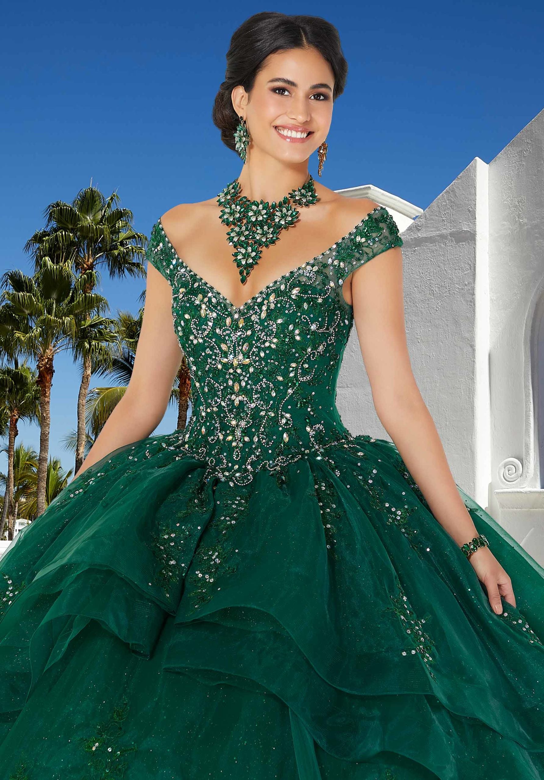 Organza Quinceañera Dress with Rhinestone and Crystal Beaded Embroidery