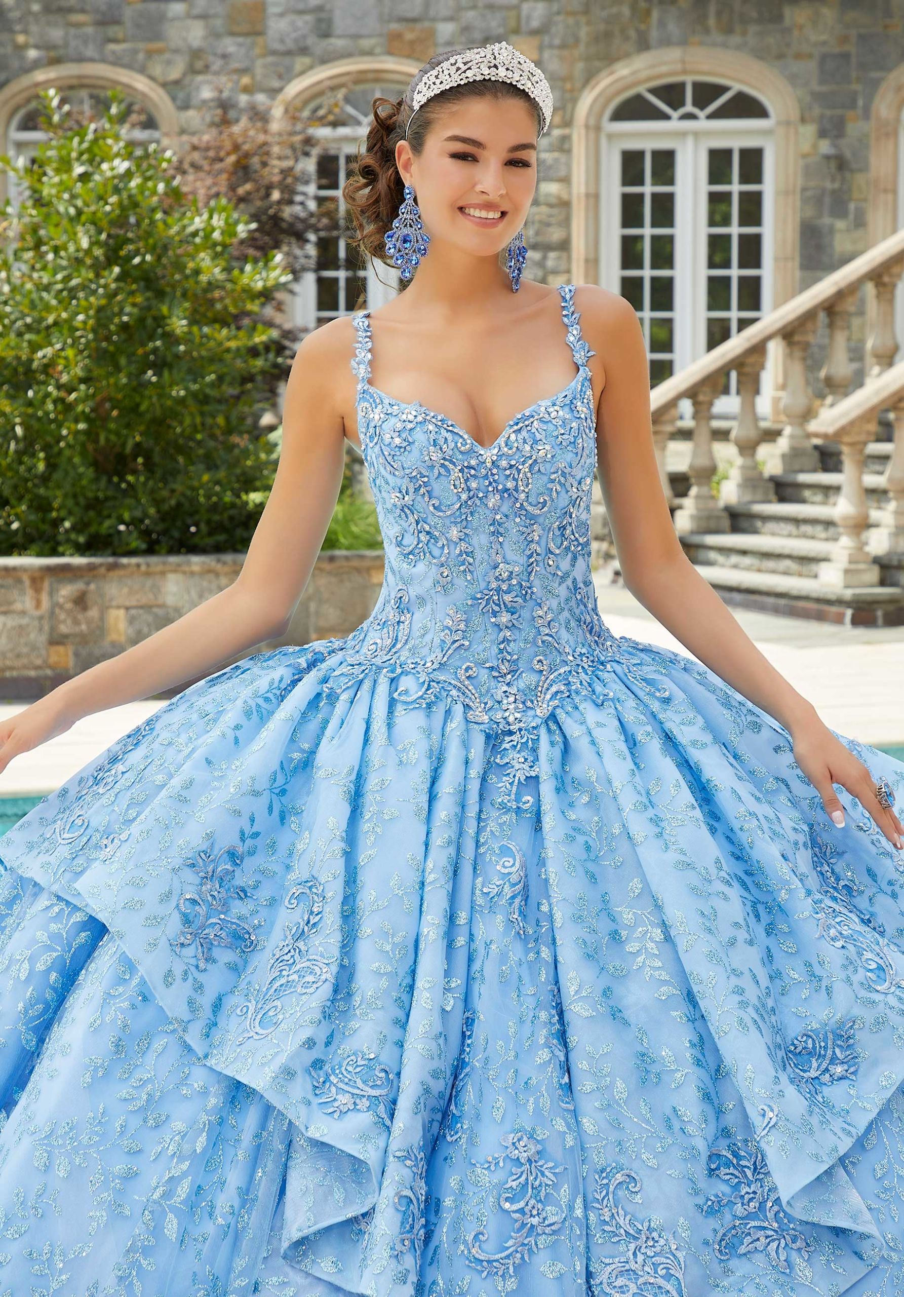 Rhinestone and Crystal Beaded Patterned Glitter Quinceañera Dress