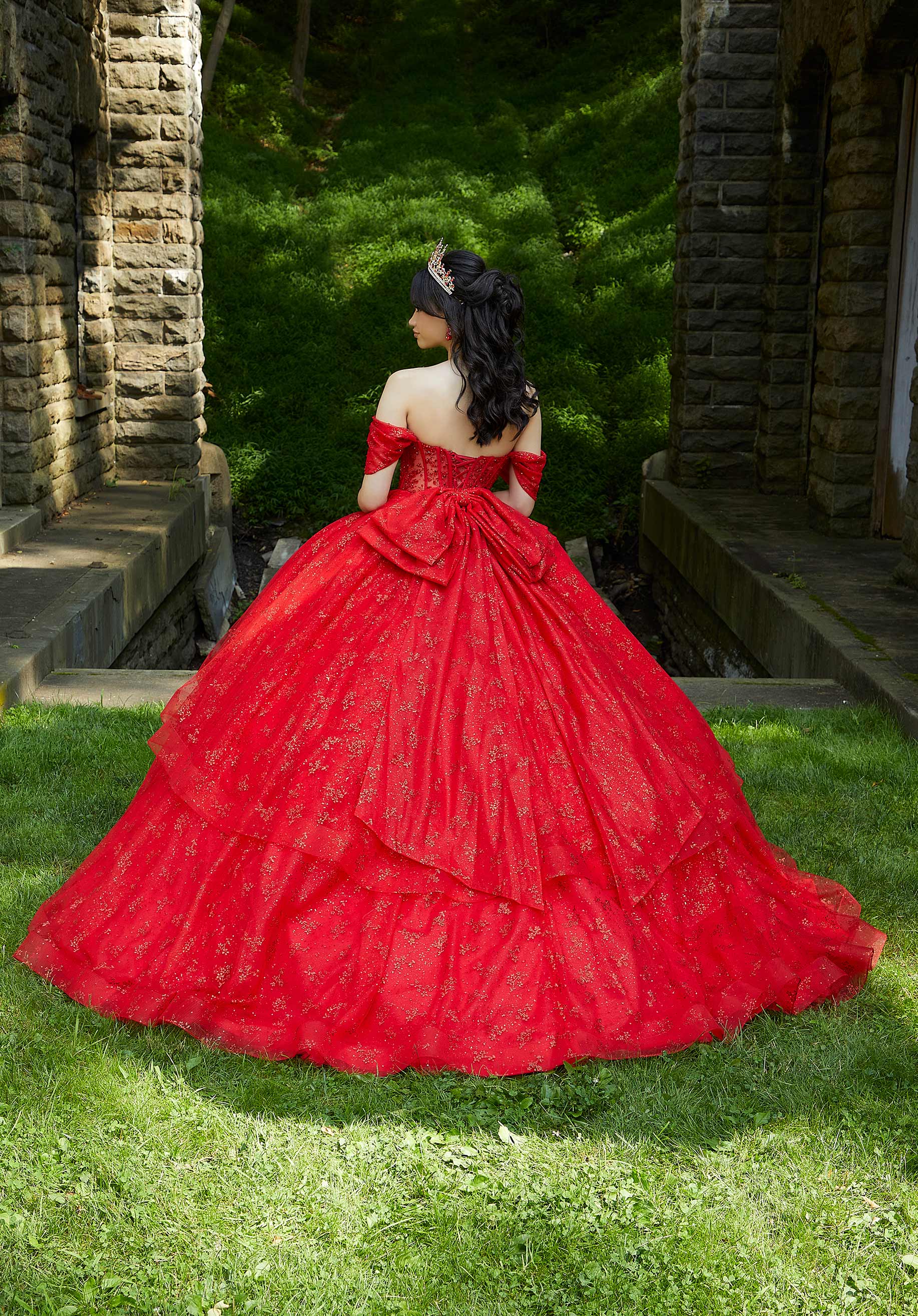Patterned Glitter and Crystal Beaded Quinceañera Dress with Sheer Bodice