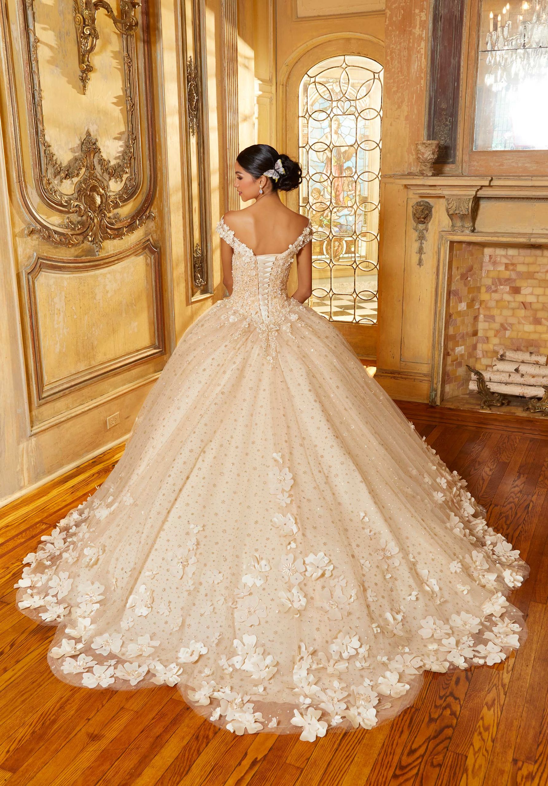 Floral Patterned Glitter Quinceañera Dress