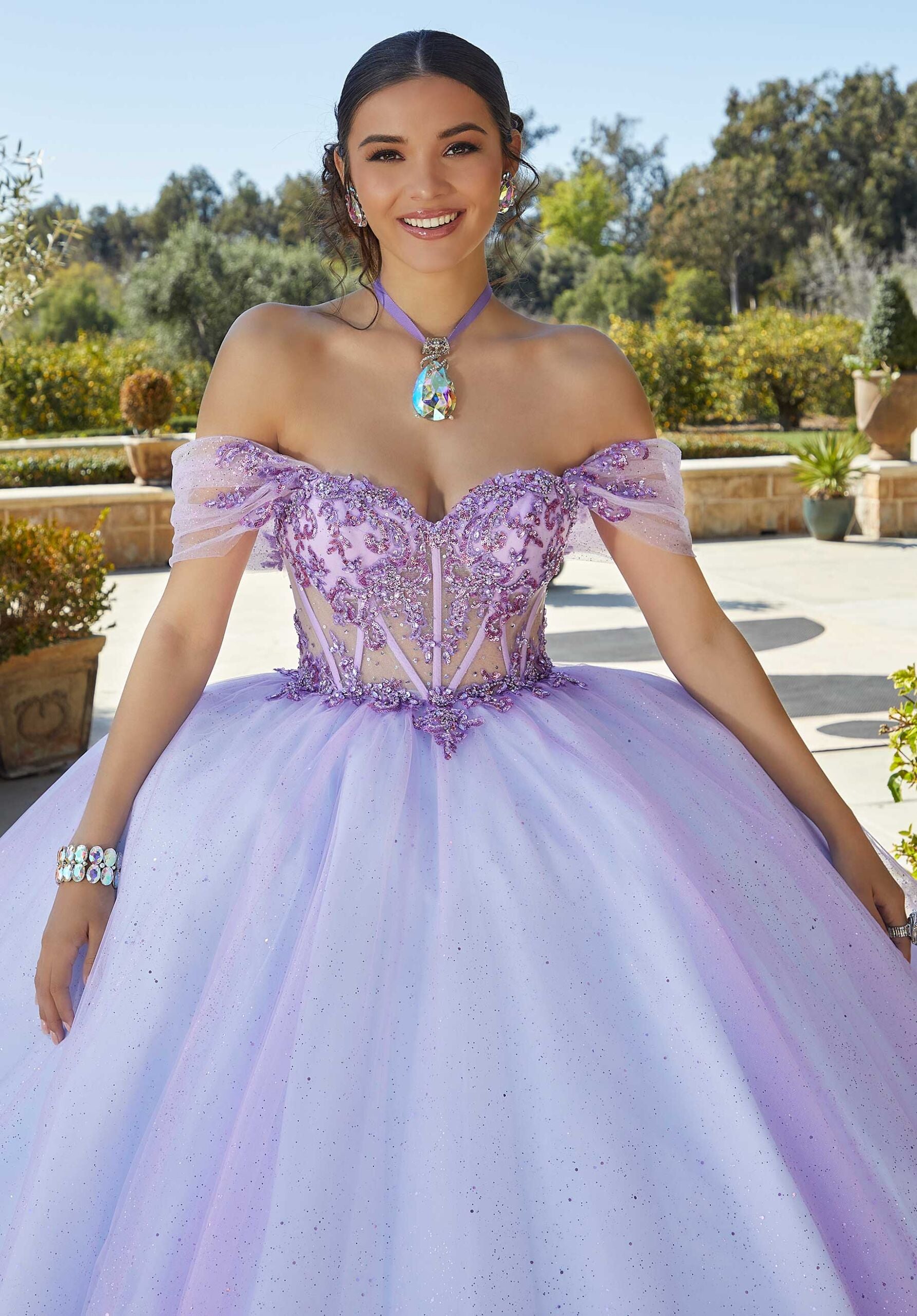 Rhinestone and Crystal Beaded Quinceañera Dress with Sheer Bodice