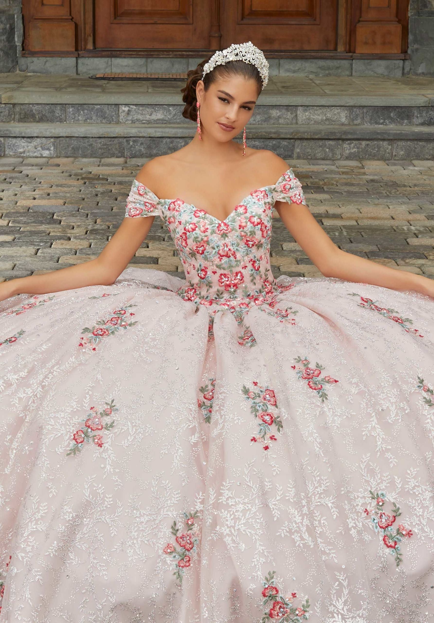 Contrasting Floral Embroidered Quinceañera Dress