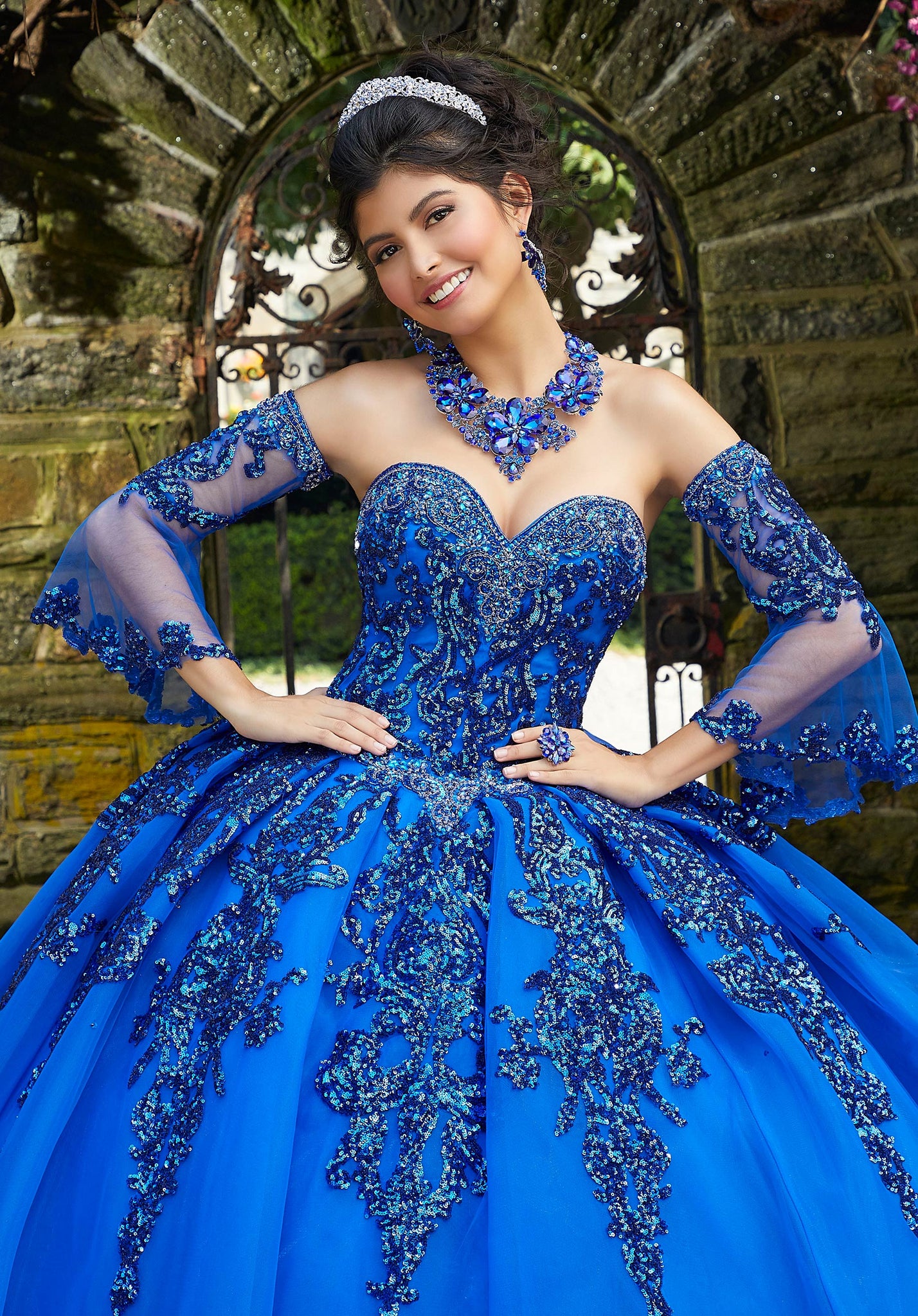 Rhinestone and Crystal Beaded Trim on a Patterned Sequin Tulle Ballgown