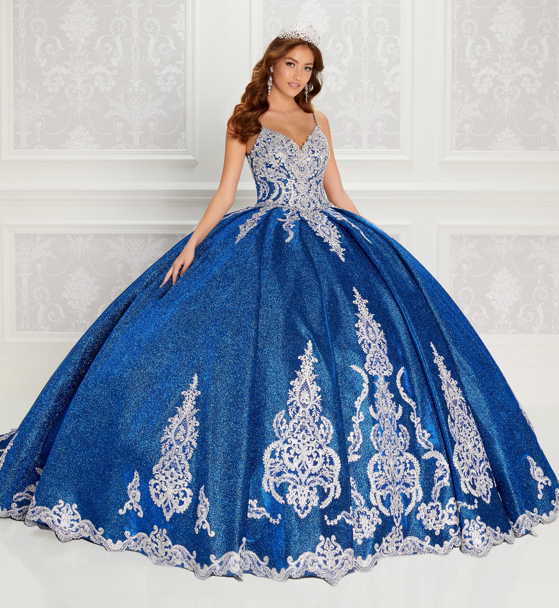 Shimmering v-neck quinceanera dress with traditional embroidery and sheer lace train