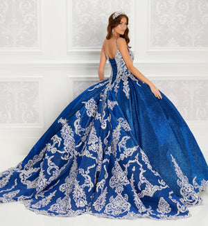 Shimmering v-neck quinceanera dress with traditional embroidery and sheer lace train