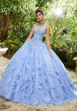Crystal Beaded Lace Appliqués on a Tulle Over Chantilly Lace Ballgown