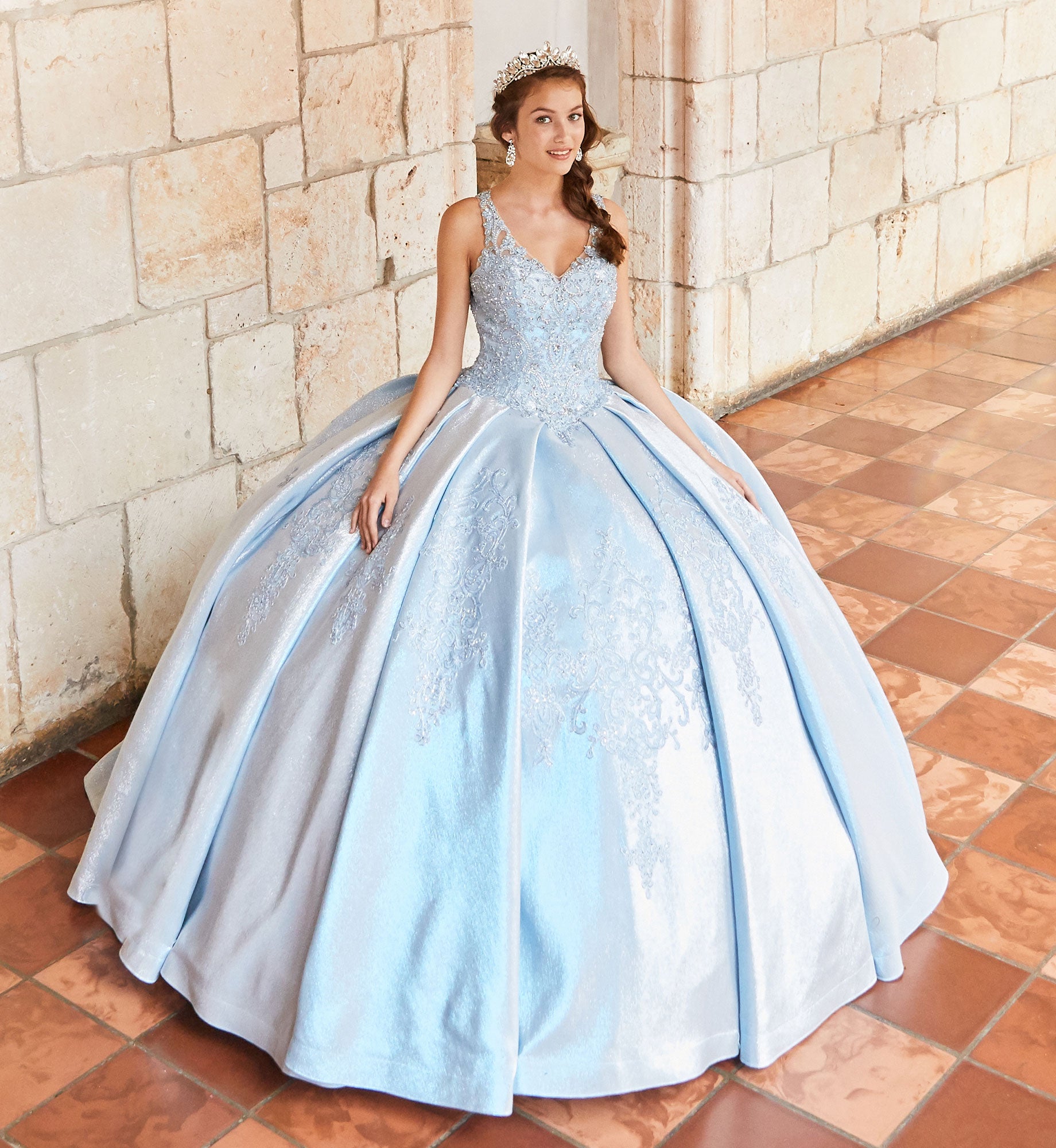 Classic quinceanera dress with shimmery mikado and lace appliques