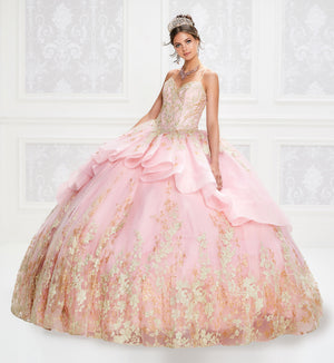 Puffy quinceanera dress with beautiful golden lace