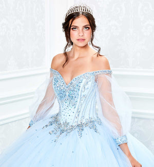 Quinceanera dress with princess vibes and off the shoulder long sleeves