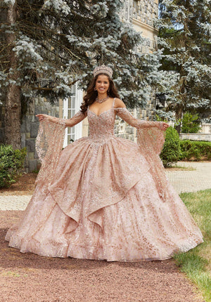 Rhinestone and Crystal Beaded Patterned Glitter Quinceañera Dress
