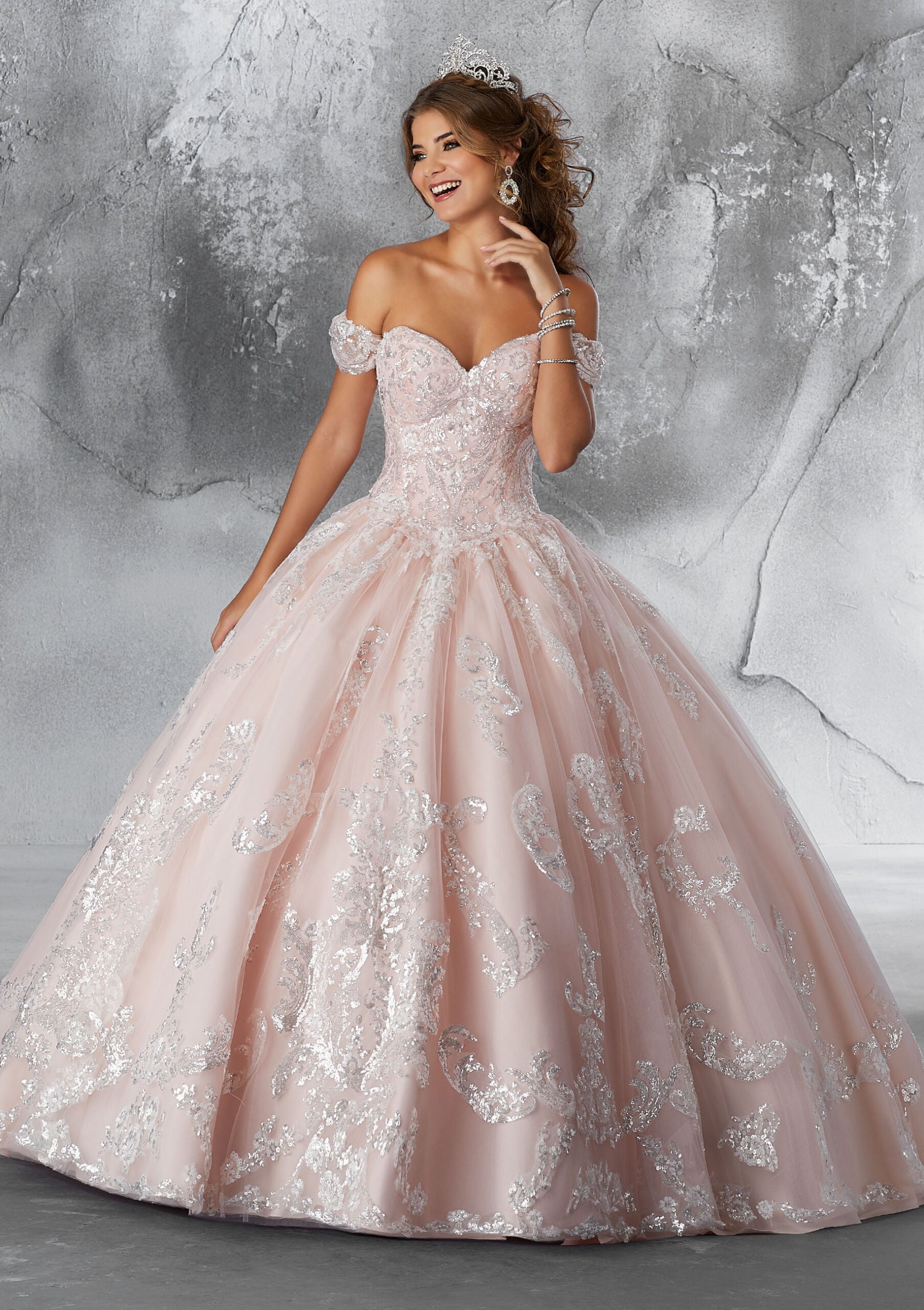Patterned Sequins on a Tulle Ballgown with Detachable Sleeves