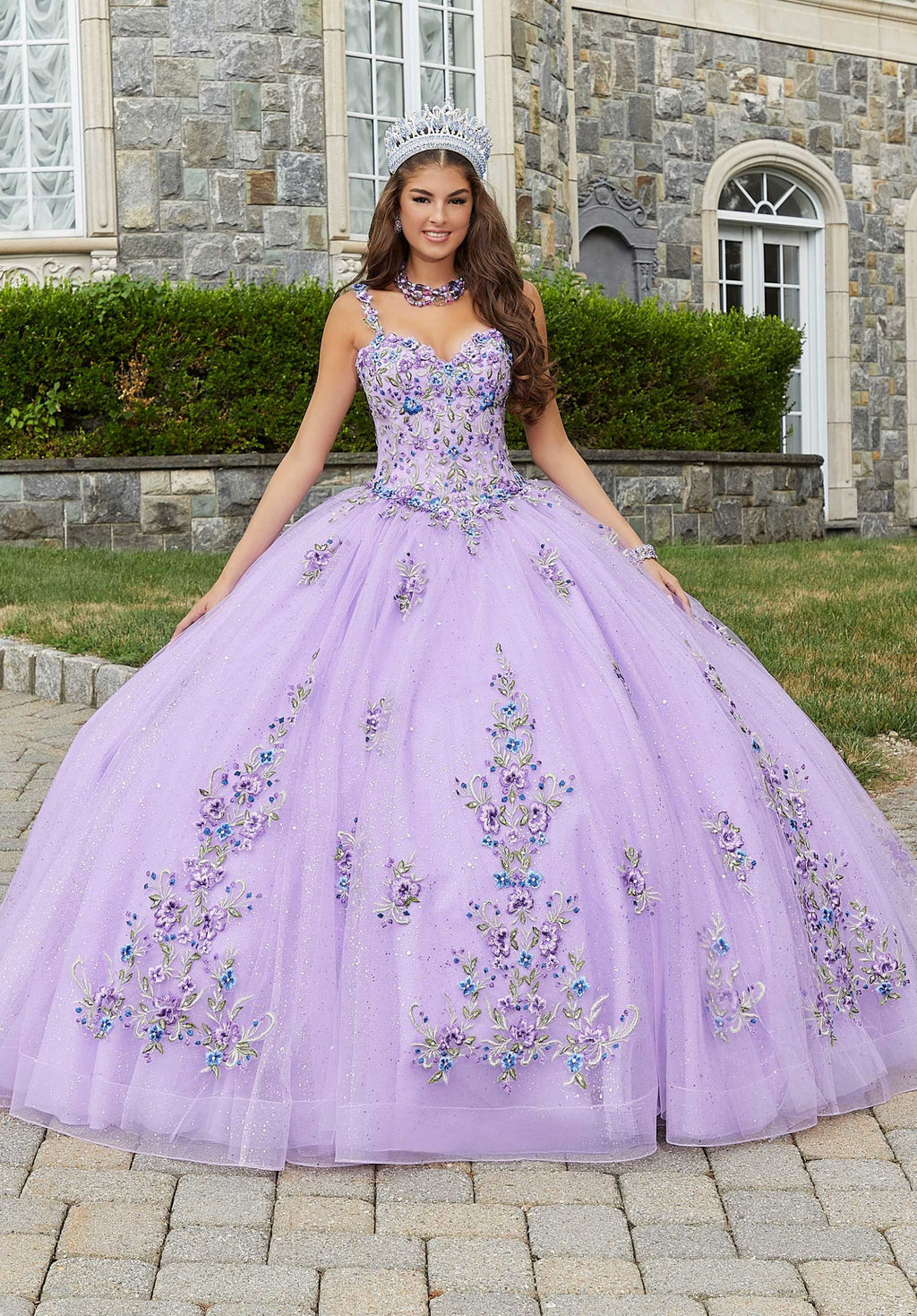 Crystal Beaded Contrasting Floral Embroidered Quinceañera Dress