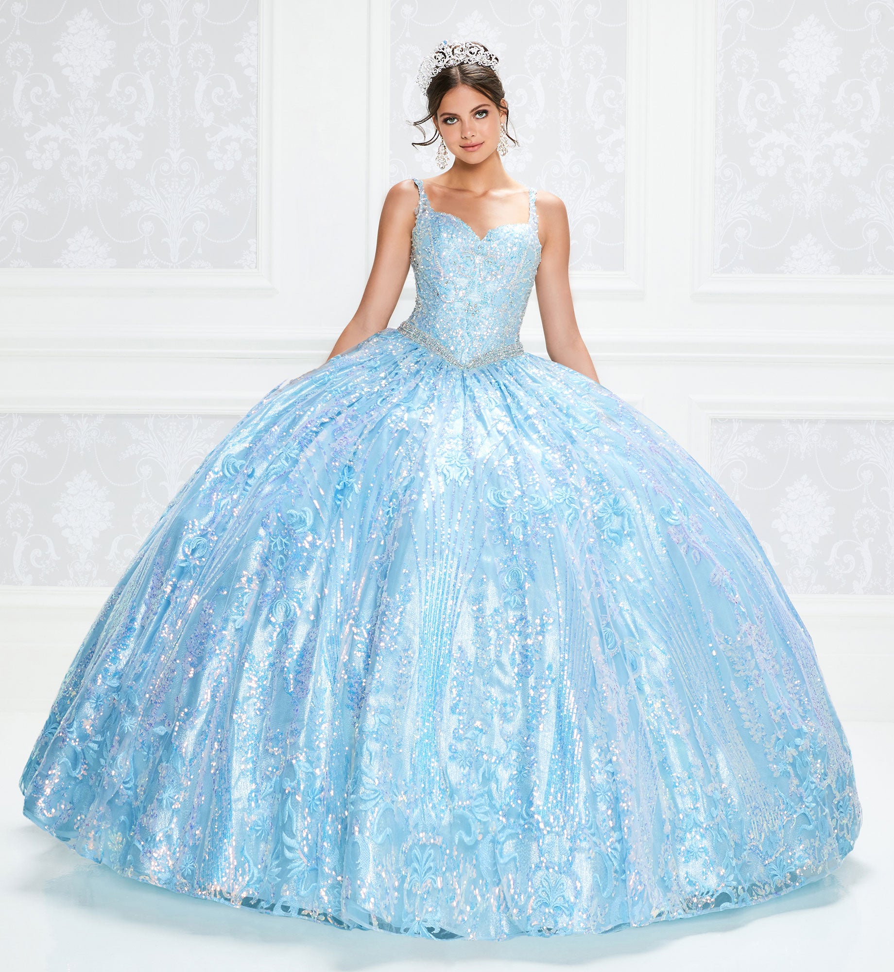 Bright quinceanera dress with lace and sequin embroidery