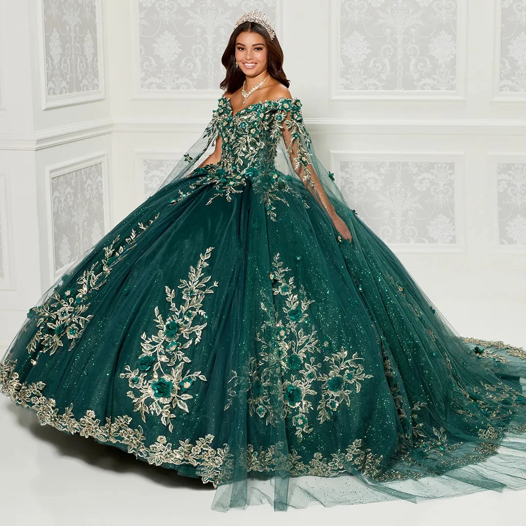 Three-dimensional Floral Patterned Quinceañera Dress with Cape