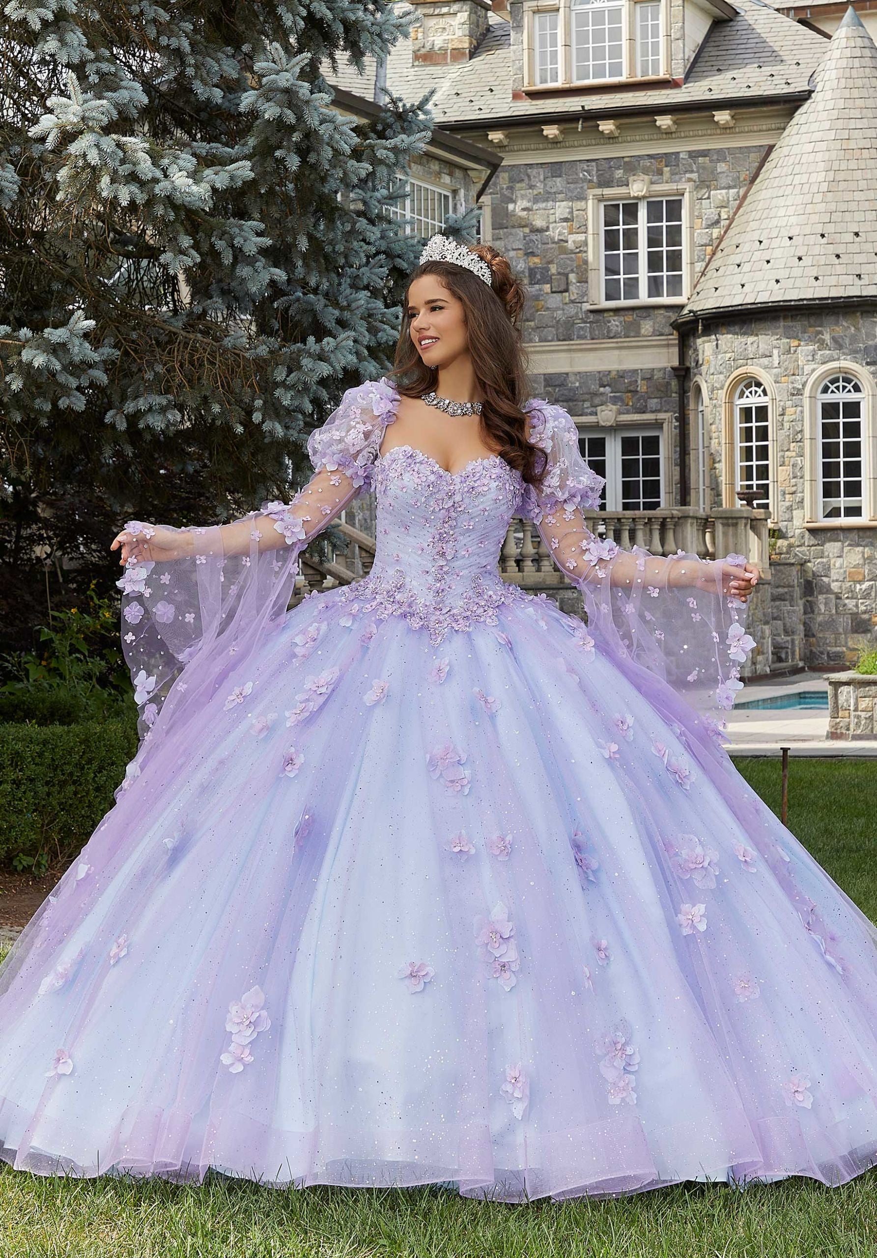 Glitter Tulle Quinceañera Dress with Three-Dimensional Floral Appliqués