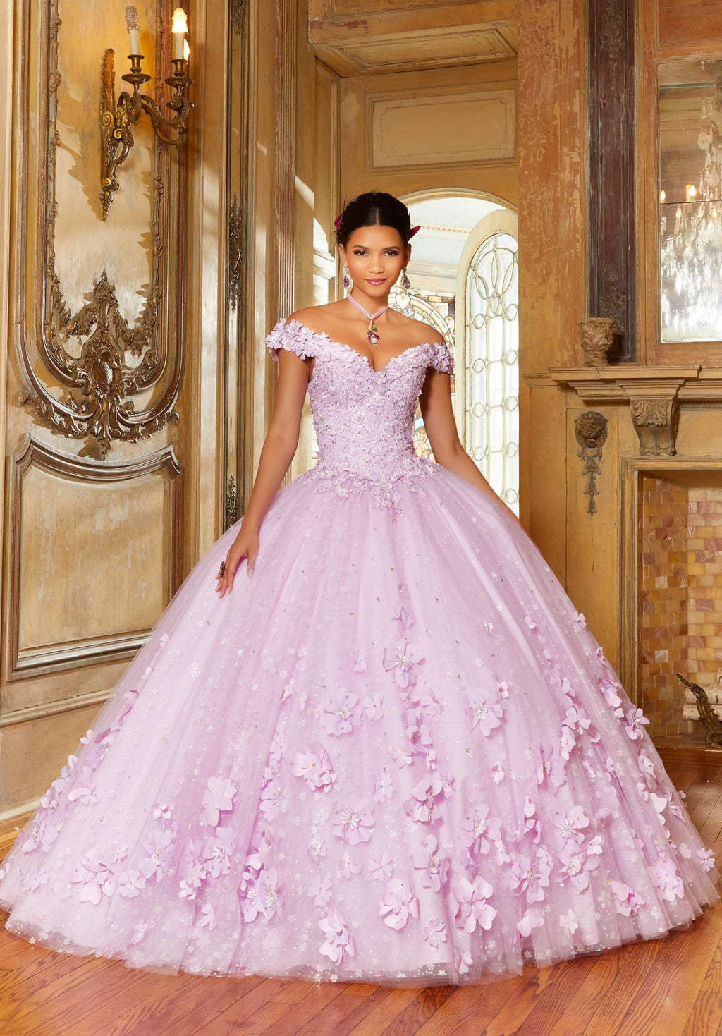 Floral Patterned Glitter Quinceañera Dress