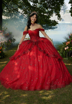 Contrasting Floral Beading Quinceañera Dress with Rhinestone Trim