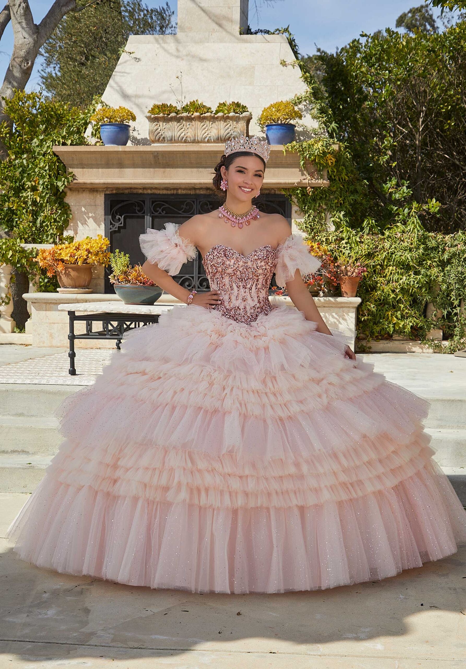 Tiered Pleated Tulle Quinceañera Dress